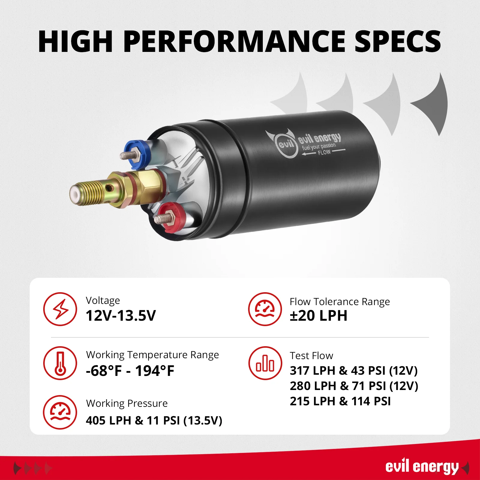 EVIL ENERGY 405LPH High Flow High Pressure External Electric Fuel Injection Pump 12V-13.5V - Racing-Grade for EFI Modified Cars - Image 3