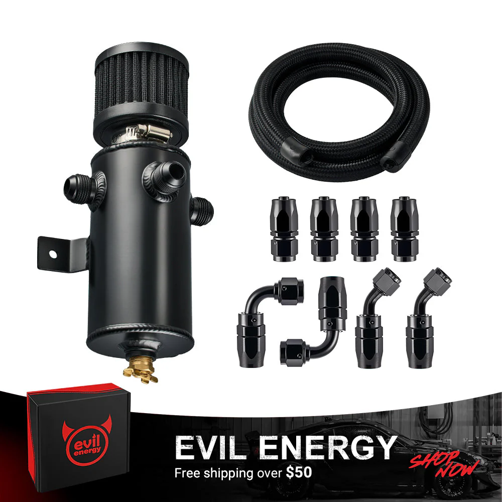 EVIL ENERGY 3 Port Baffled 750ML PCV Oil Catch Can Kit with Breather Filter, Air Oil Separator with Drain Valve & CPE Fuel Line Kit