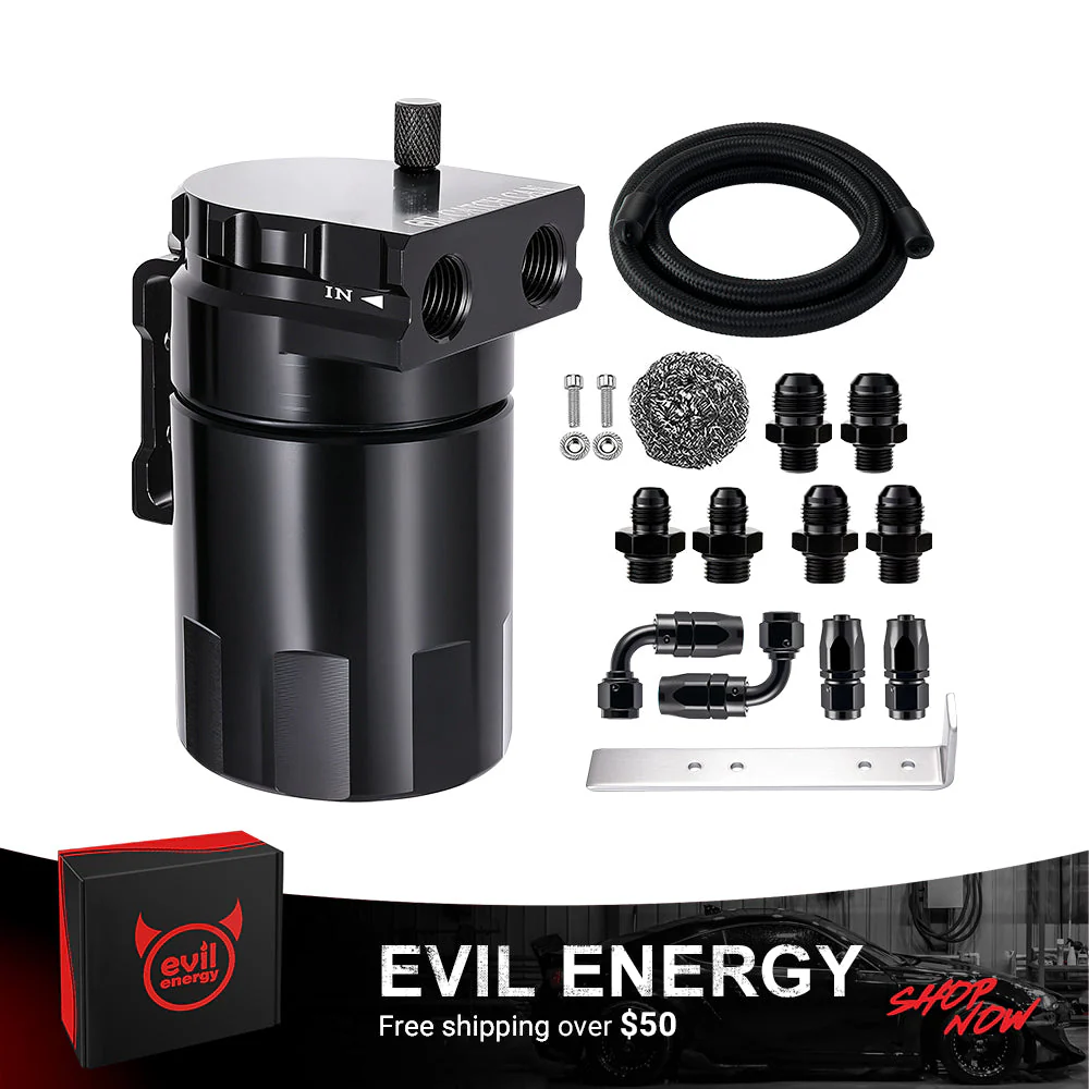 EVIL ENERGY 300ml Baffled Oil Catch Can, Aluminum Air Oil Separator 2 Port with 6AN/8AN/10AN CPE Fuel Hose & Fitting Kits - Image 3