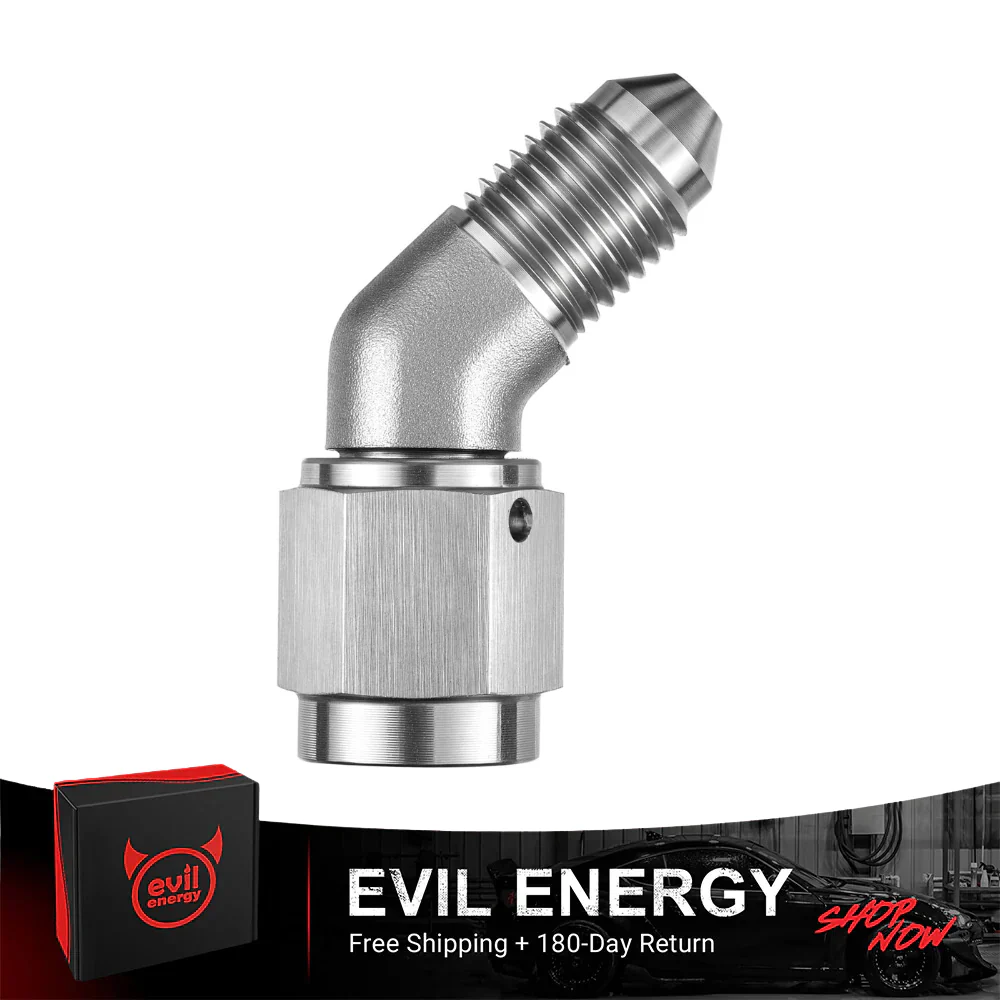 EVIL ENERGY 3AN/4AN Stainless AN Male to Female Adapter – 45° / 90° Swivel Brake Line Fitting