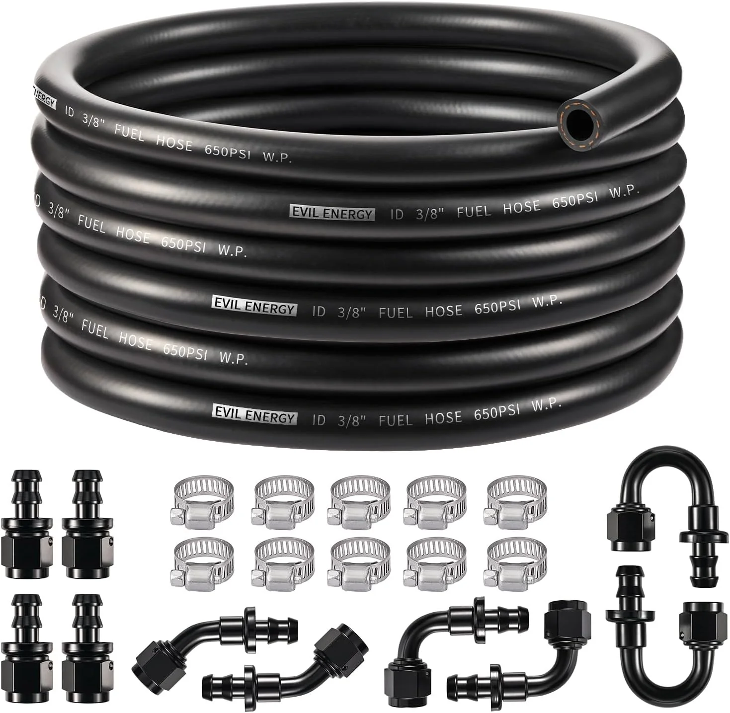 EVIL ENERGY 4/6/10 AN Fuel Line Kit 20FT CPE Rubber Hose with Push On Fittings & Clamps - Image 2