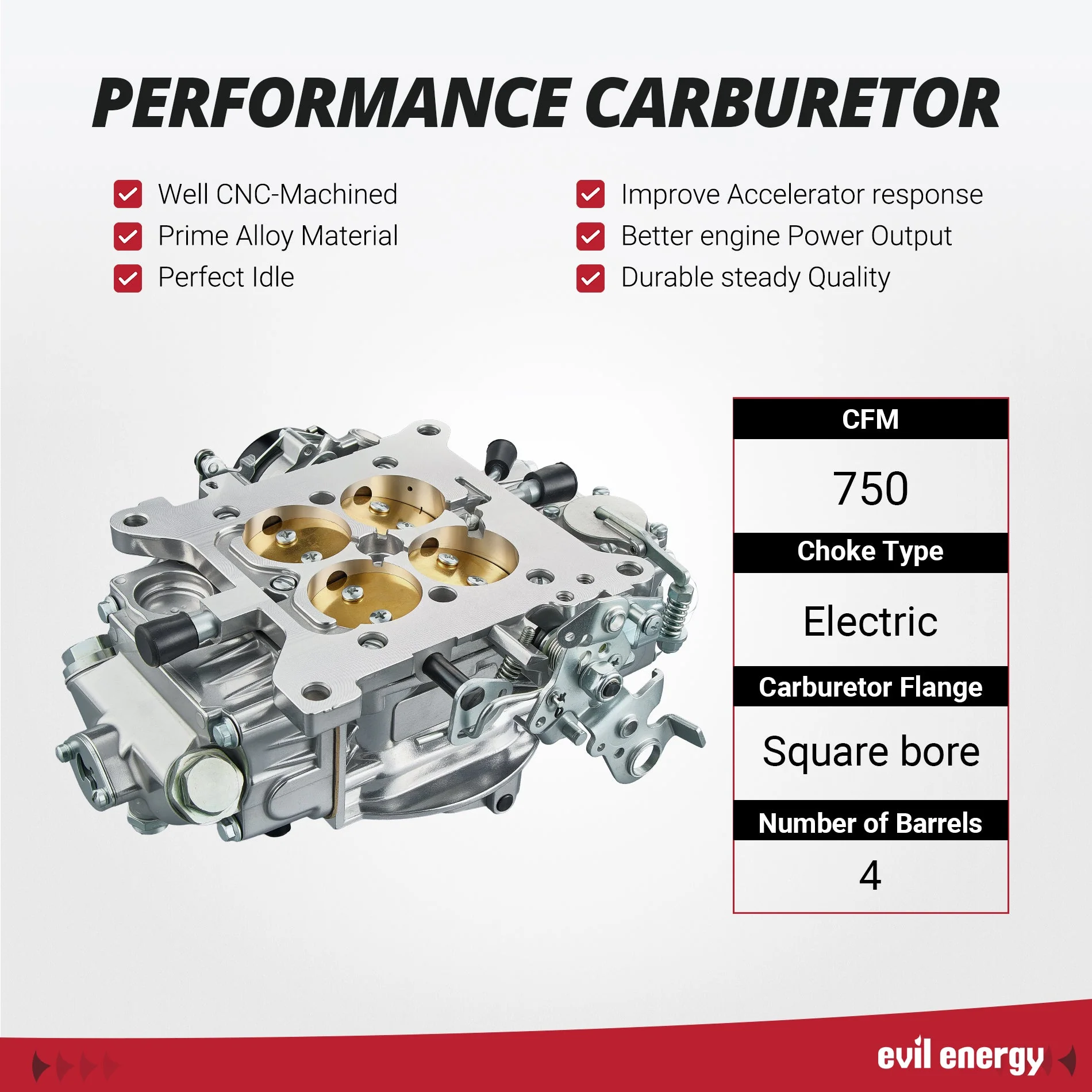 EVIL ENERGY 750 CFM 4-barrel Carburetor Electric Choke Vacuum Secondary - Image 4