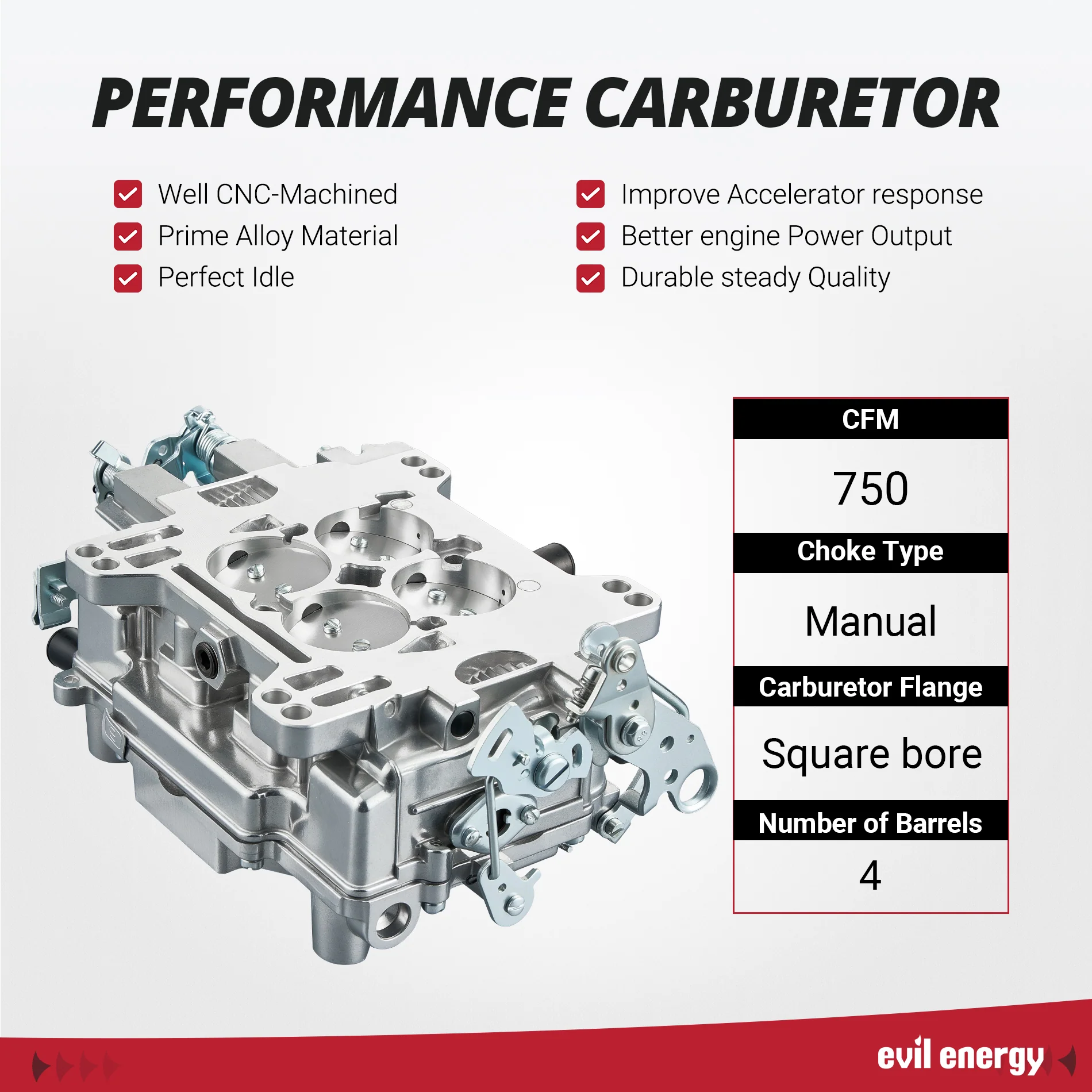 EVIL ENERGY 750 CFM 4-barrel Carburetor Air Valve-Controlled Secondary - Image 4