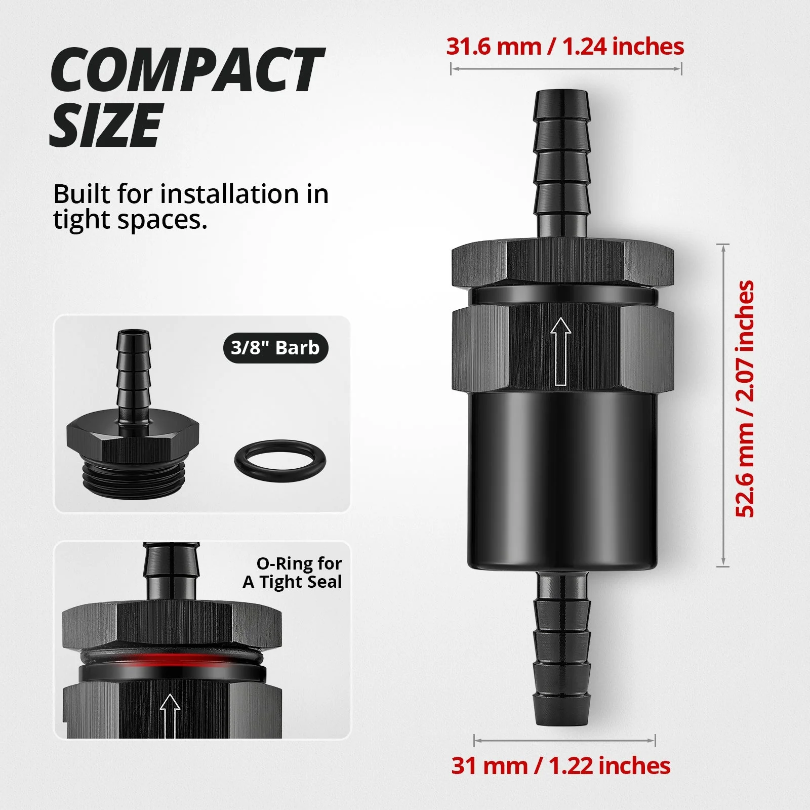 EVIL ENERGY 1/2inch,5/16inch,3/8inchBarb Billet Inline Fuel Filter 30 Micron Aluminum Black for Car EFI & Carb Fuel Systems - Image 5
