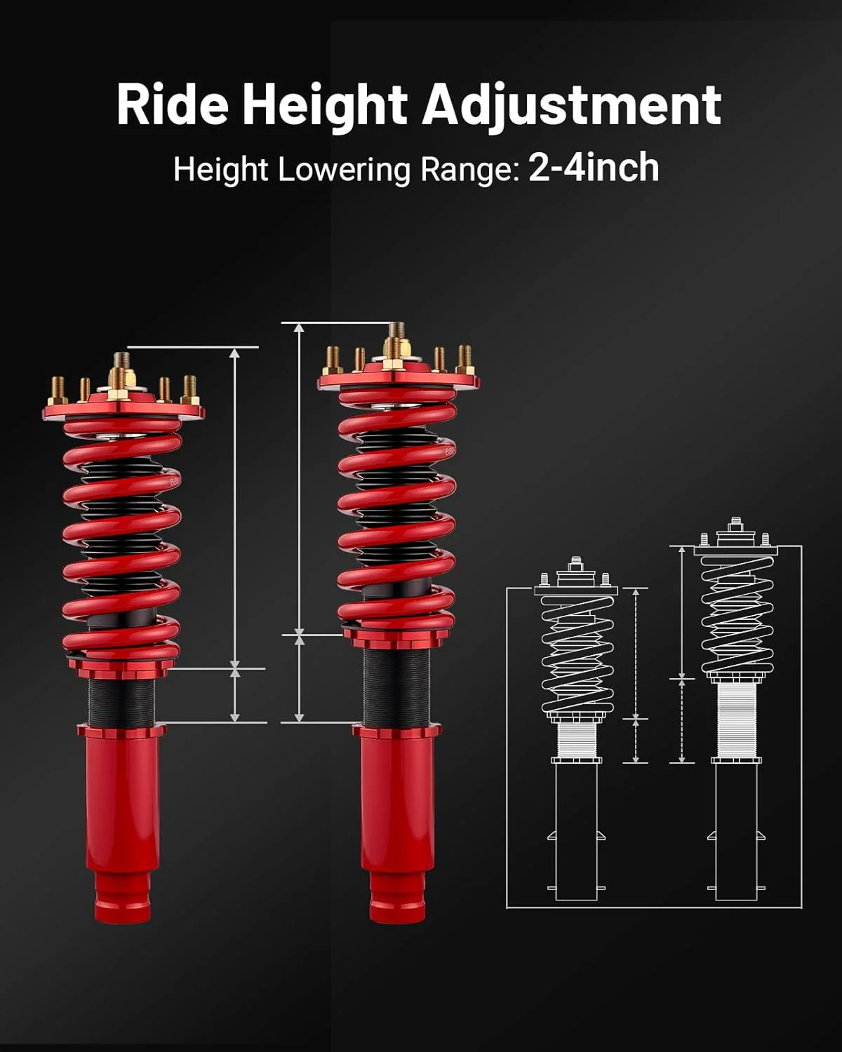 EVIL ENERGY Honda Prelude 1992-2001 Coilovers, Height-Adjustable Twin-Tube Suspension Kit for Comfortable Ride, Red, Best Performance & Quality - Image 2