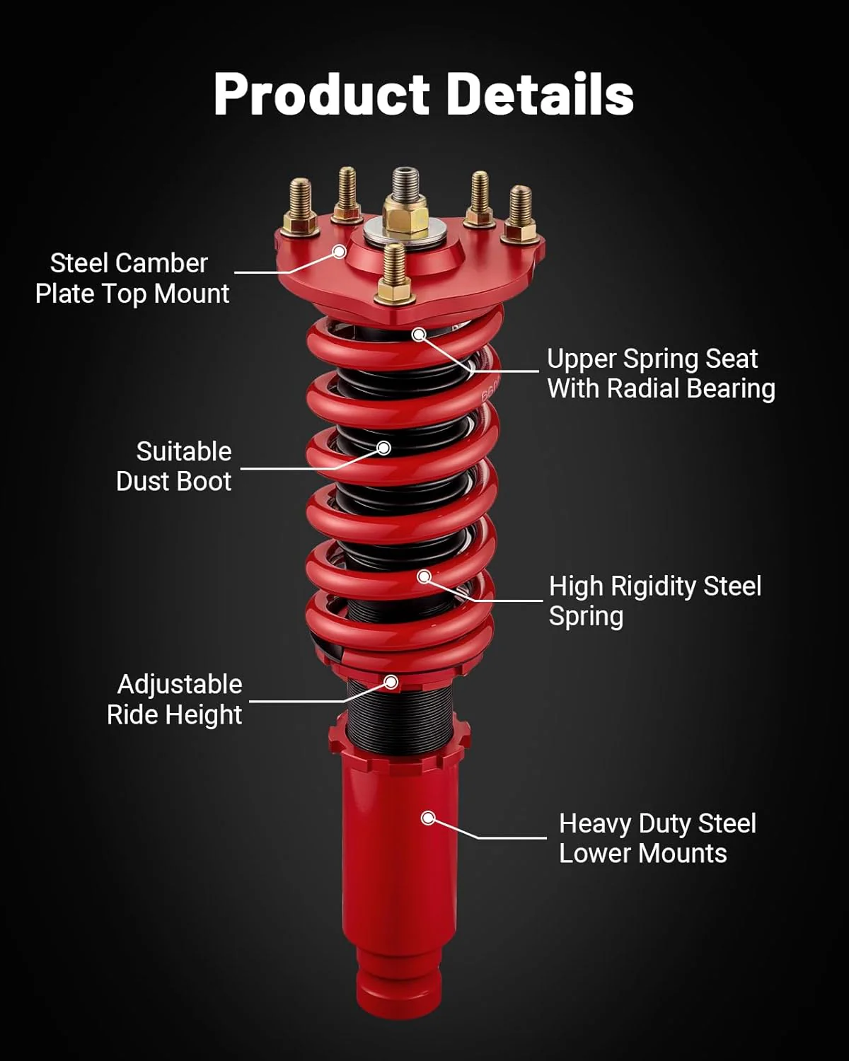 EVIL ENERGY Honda Prelude 1992-2001 Coilovers, Height-Adjustable Twin-Tube Suspension Kit for Comfortable Ride, Red, Best Performance & Quality - Image 6
