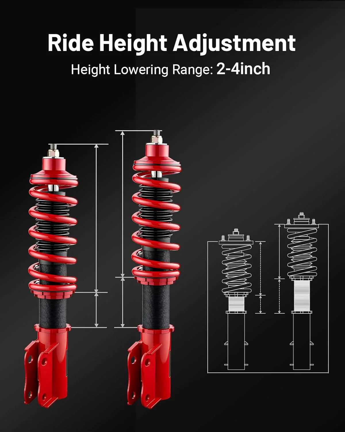 EVIL ENERGY Coilovers Compatible for Honda Fit 2007-2008, Height Adjustable Lowering Kit, Twin-Tube Coilover Suspension Kit for Comfortable Ride, Red - Image 2