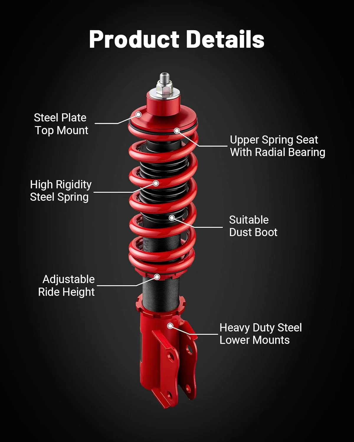 EVIL ENERGY Coilovers Compatible for Honda Fit 2007-2008, Height Adjustable Lowering Kit, Twin-Tube Coilover Suspension Kit for Comfortable Ride, Red - Image 6