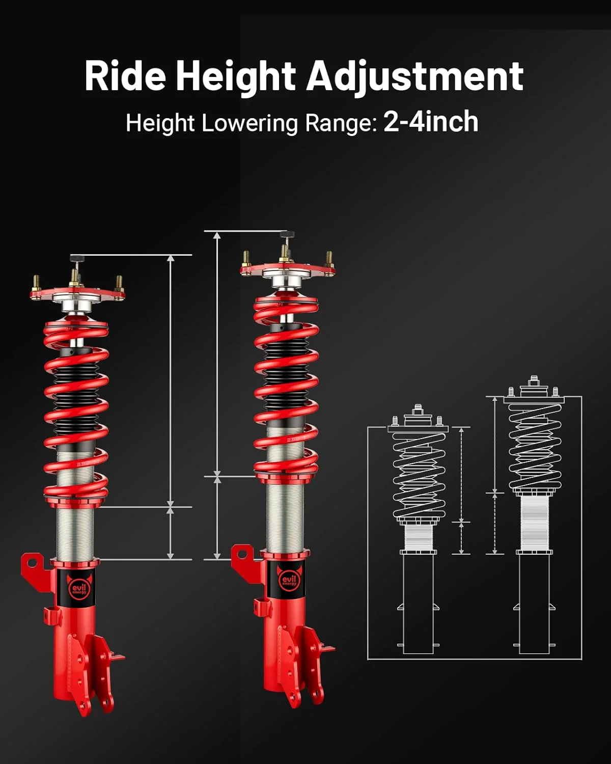 EVIL ENERGY Coilovers Compatible for Hyundai Tiburon (HM/HN) 2003-2008, Height Adjustable Coilovers Lowering Kit with 32-Level Damper Adjustment, Red - Image 3