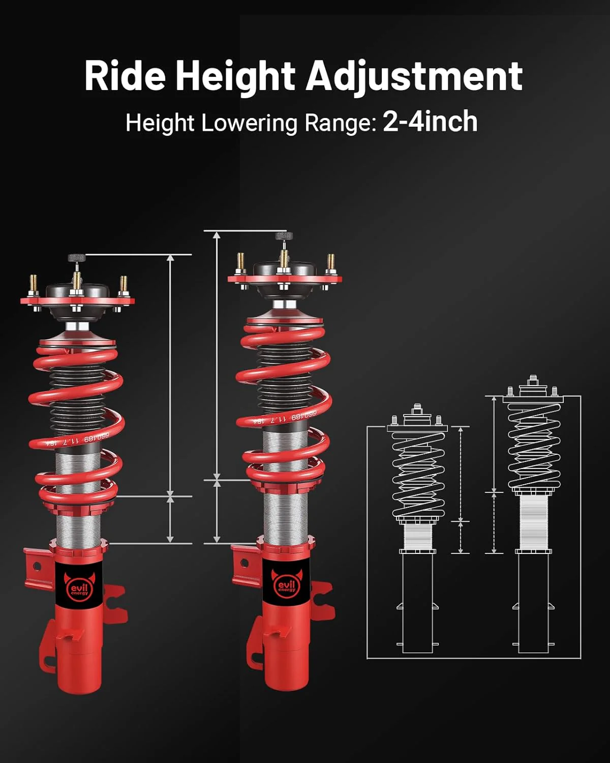 EVIL ENERGY Coilovers Compatible for MINI Cooper FWD R56 2007-2013, Height Adjustable Coilovers Lowering Kit with 32-Level Damper Adjustment, Red - Image 3