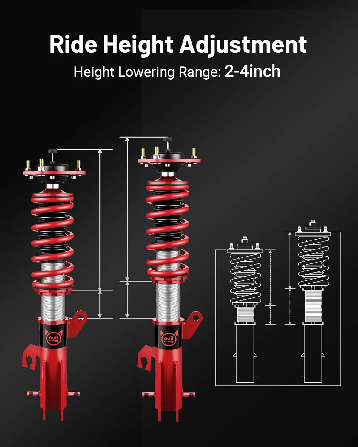 EVIL ENERGY Coilovers Compatible for Nissan Sentra B16 2007-2012, Height Adjustable Coilovers Lowering Kit with 32-Level Damper Adjustment, Coilovers Suspension Kit, Red - Image 2
