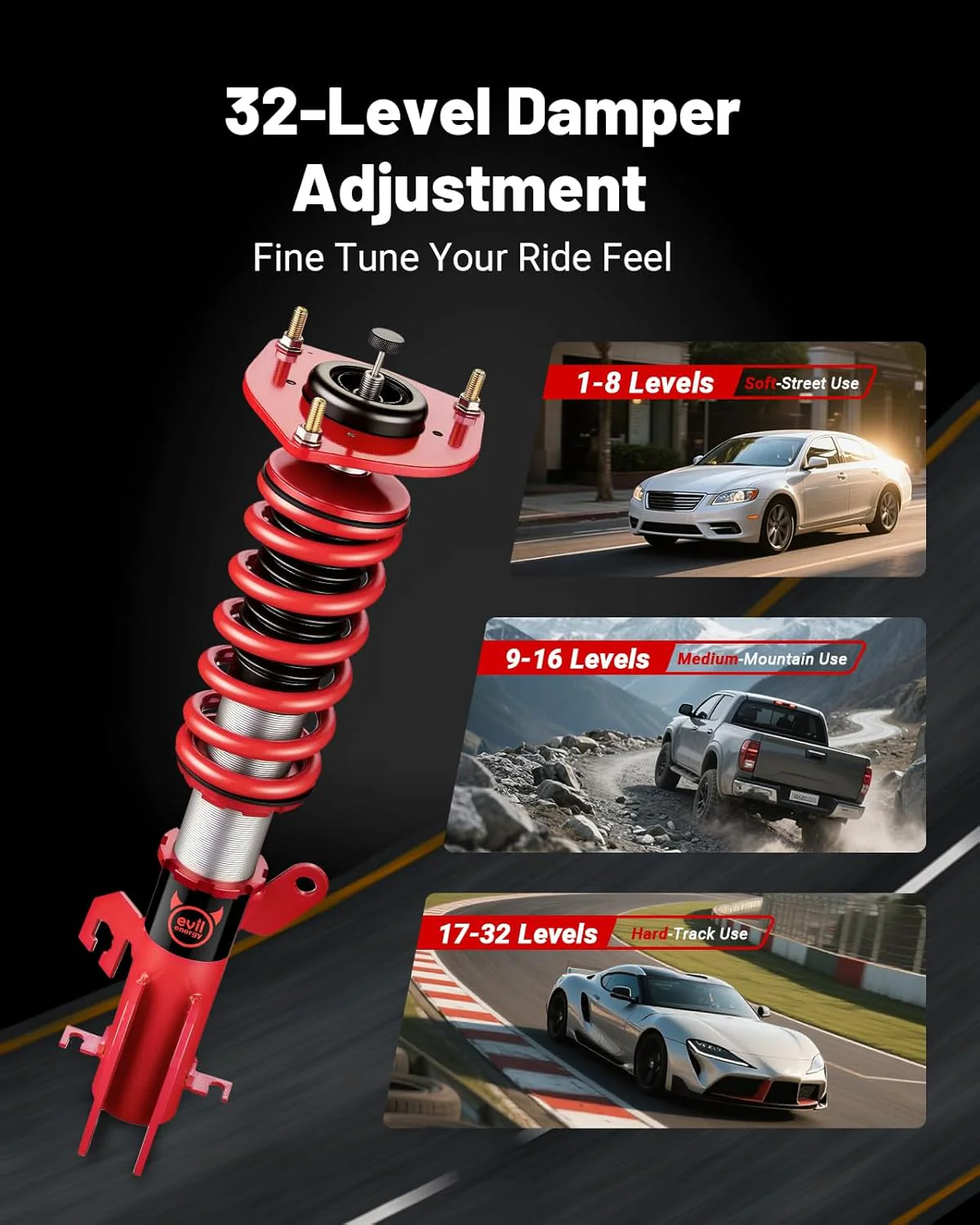 EVIL ENERGY Coilovers Compatible for Nissan Sentra B16 2007-2012, Height Adjustable Coilovers Lowering Kit with 32-Level Damper Adjustment, Coilovers Suspension Kit, Red - Image 3