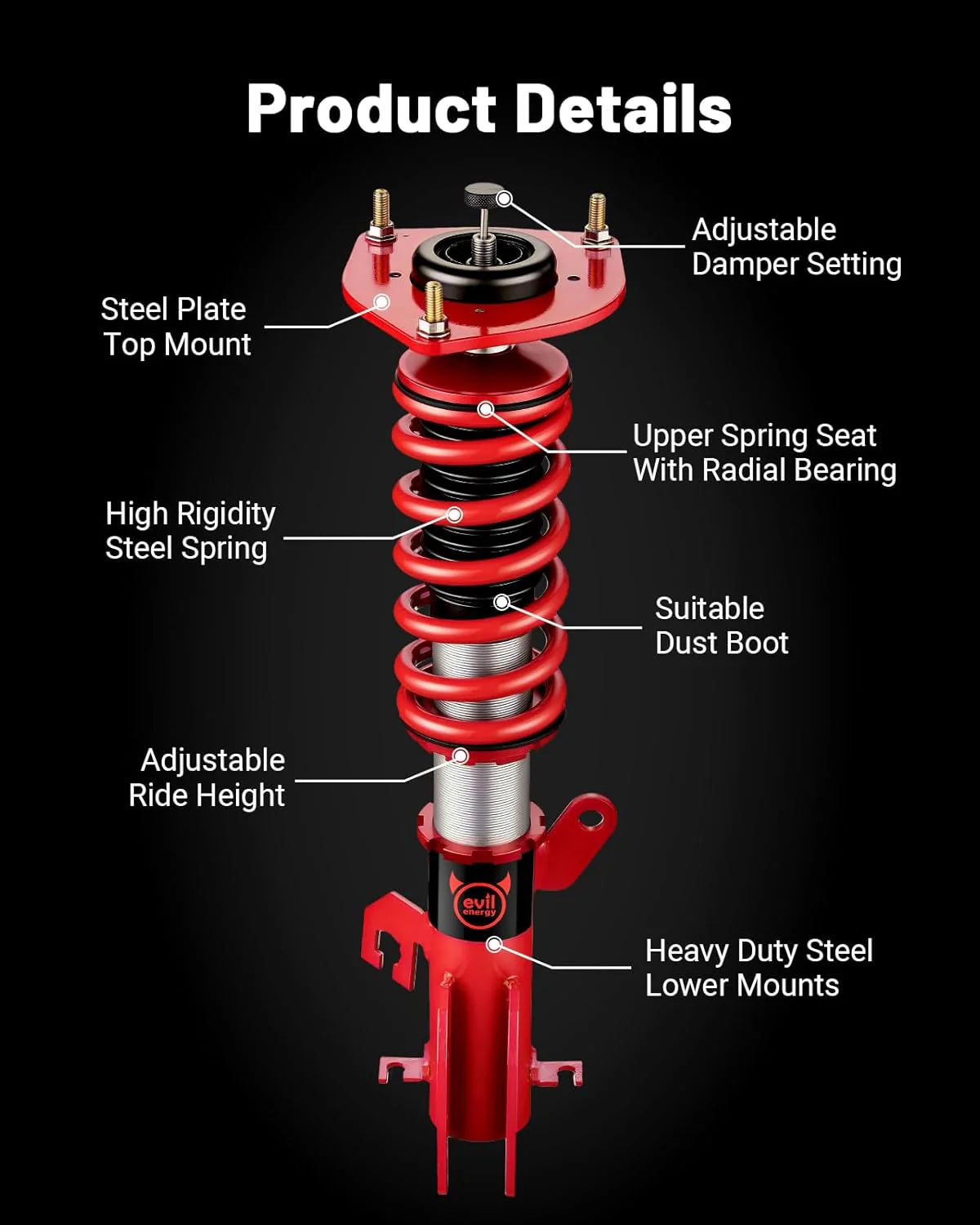 EVIL ENERGY Coilovers Compatible for Nissan Sentra B16 2007-2012, Height Adjustable Coilovers Lowering Kit with 32-Level Damper Adjustment, Coilovers Suspension Kit, Red - Image 5