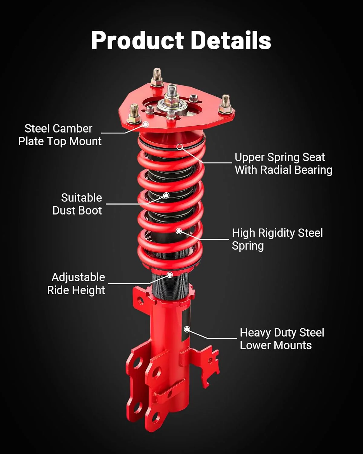 EVIL ENERGY Coilovers Compatible for Scion TC 2011-2016 AGT20, for Toyota Zelas 2011-2016, Height Adjustable Lowering Kit, Twin-Tube Coilover Suspension Kit for Comfortable Ride, Red - Image 6