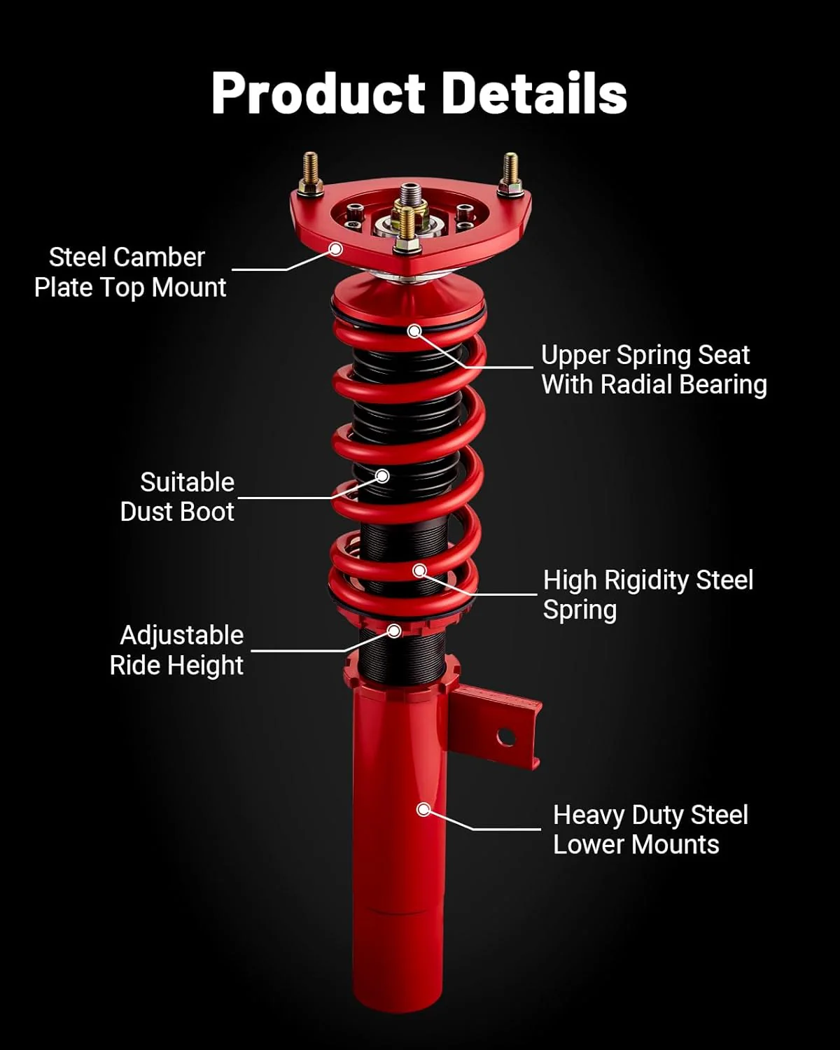 EVIL ENERGY Coilovers Compatible for Volkswagen GTI 2006-2009, for VW Golf 2003-2007, Height Adjustable Lowering Kit, Twin-Tube Coilover Suspension Kit for Comfortable Ride, Red - Image 6
