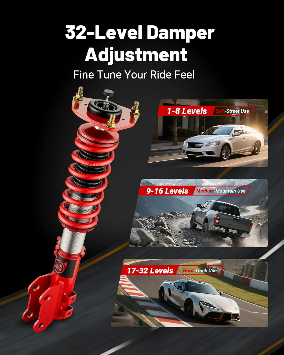 EVIL ENERGY Coilovers for Hyundai Elantra Sedan (AD) 2017-2020, Height Adjustable Coilovers Kit with 32-Level Damper Adjustment, Red - Image 3