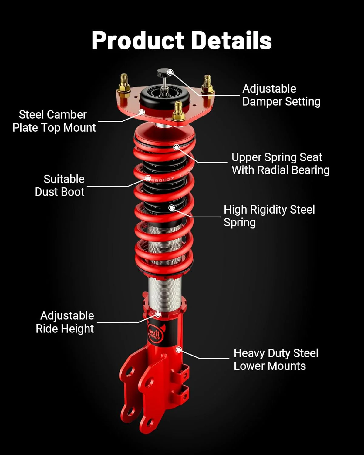EVIL ENERGY Coilovers for Hyundai Elantra Sedan (AD) 2017-2020, Height Adjustable Coilovers Kit with 32-Level Damper Adjustment, Red - Image 6