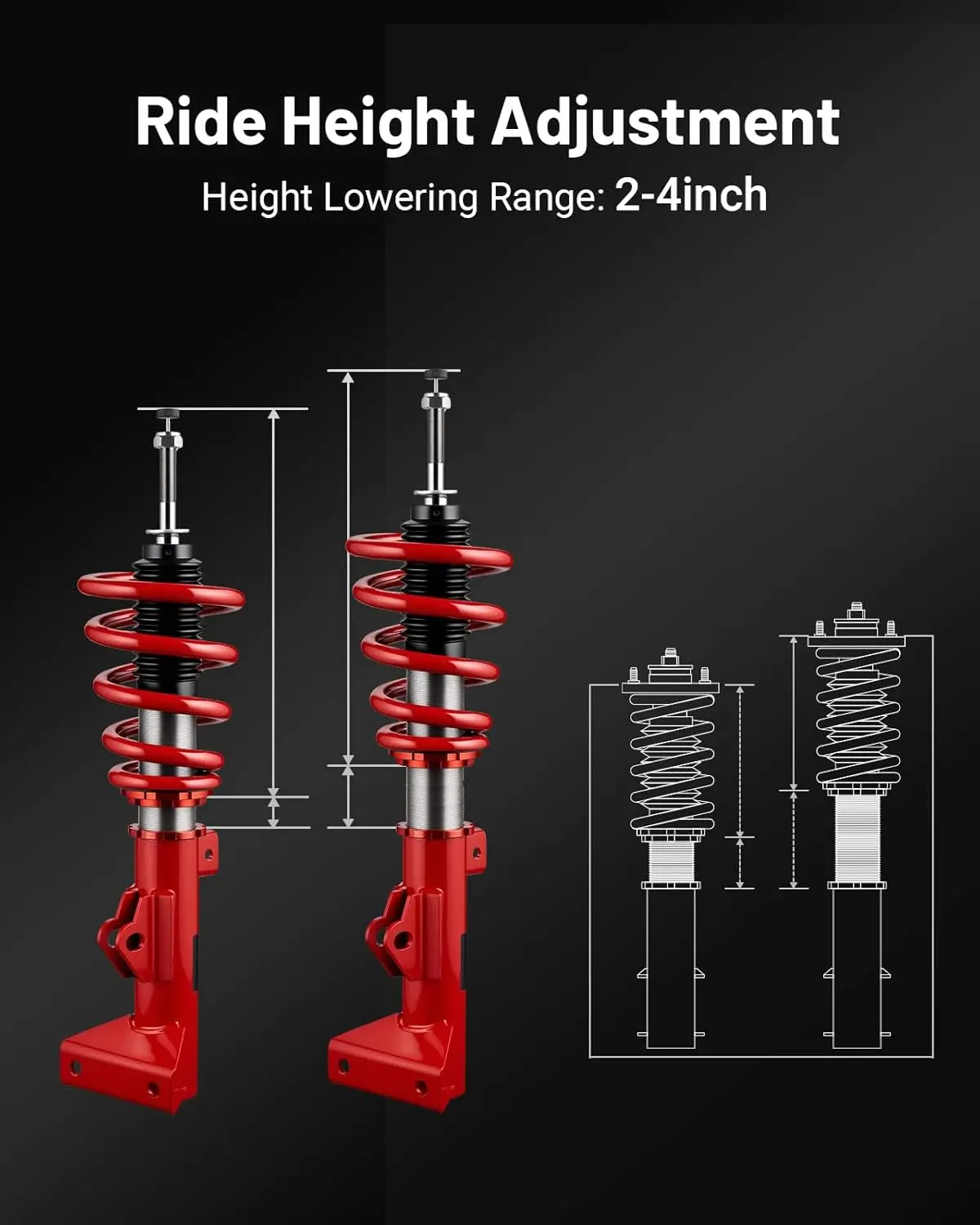 EVIL ENERGY 32-Level Adjustable Coilovers for Mercedes C-Class W203 RWD (2001-2007) | 2-4 Inch Height Adjustable Suspension Kit | Performance Coilover System (Red) - Image 3