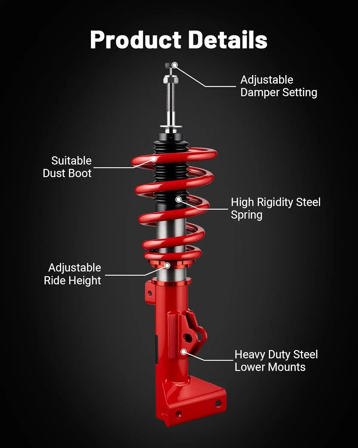 EVIL ENERGY 32-Level Adjustable Coilovers for Mercedes C-Class W203 RWD (2001-2007) | 2-4 Inch Height Adjustable Suspension Kit | Performance Coilover System (Red) - Image 6