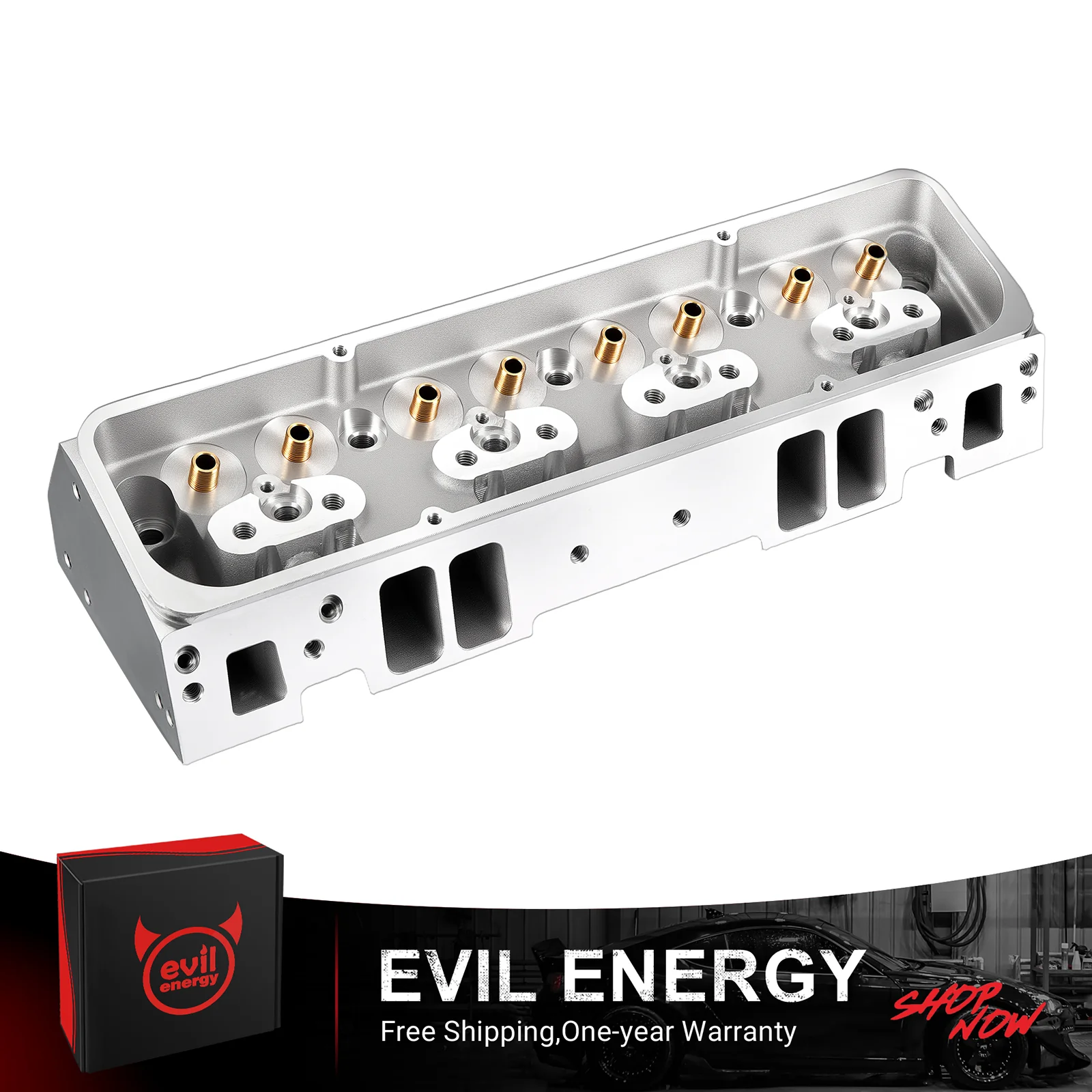 EVIL ENERGY Cast Aluminum Cylinder Head for SBC Engines (Angled Plug) – 200cc Runners, Fits 1960-1986 Chevy V8 (302/327/350), Optimized Airflow