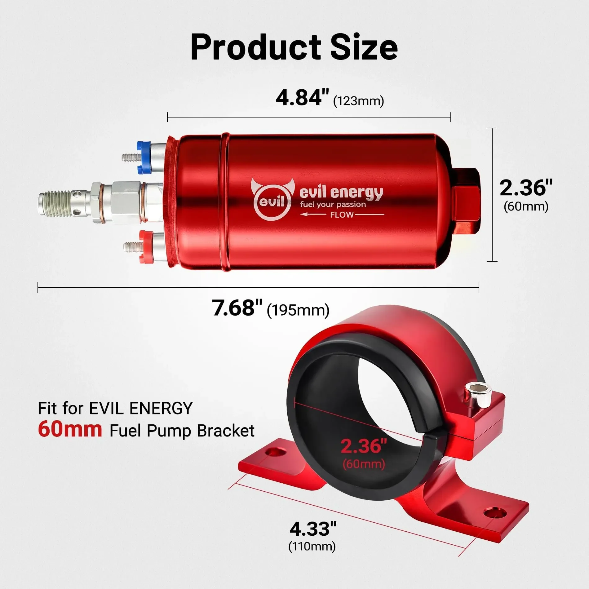EVIL ENERGY External Inline Fuel Pump Electric 300LPH High Flow 12V with 60 mm Bracket Clamp Red - Image 4