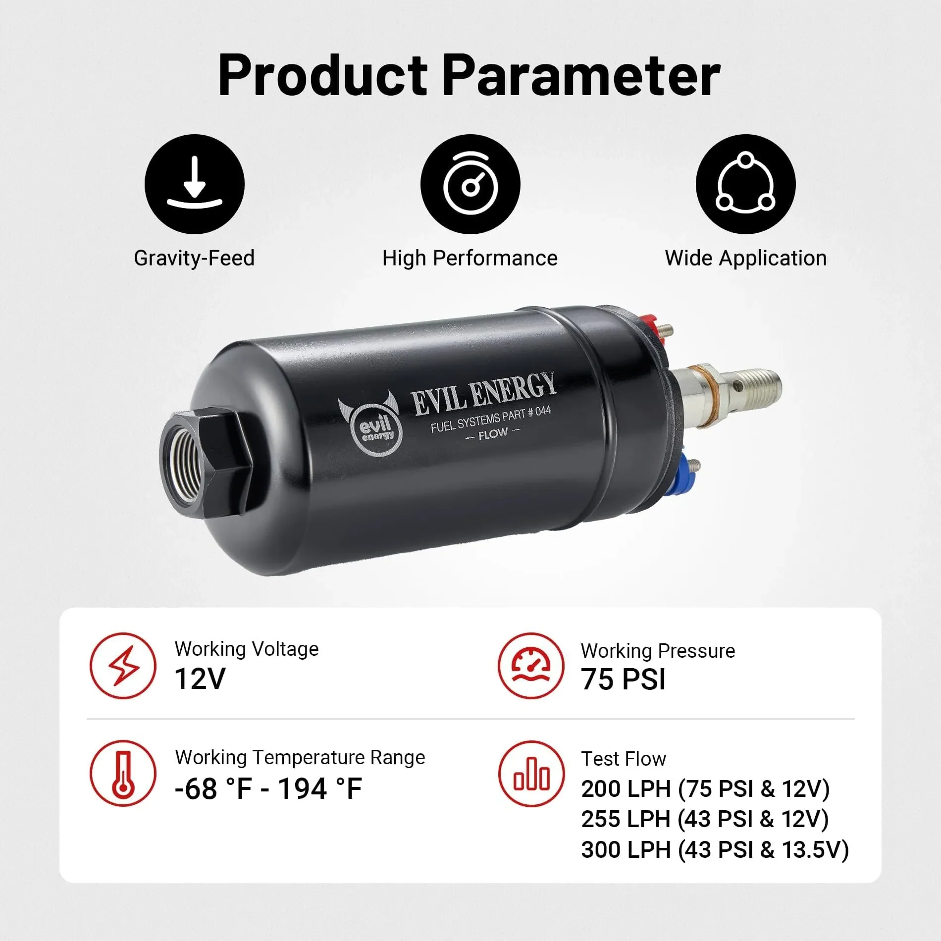 EVIL ENERGY External Inline Fuel Pump Electric 300LPH High Flow 12V with 60 mm Bracket Clamp Red - Image 8
