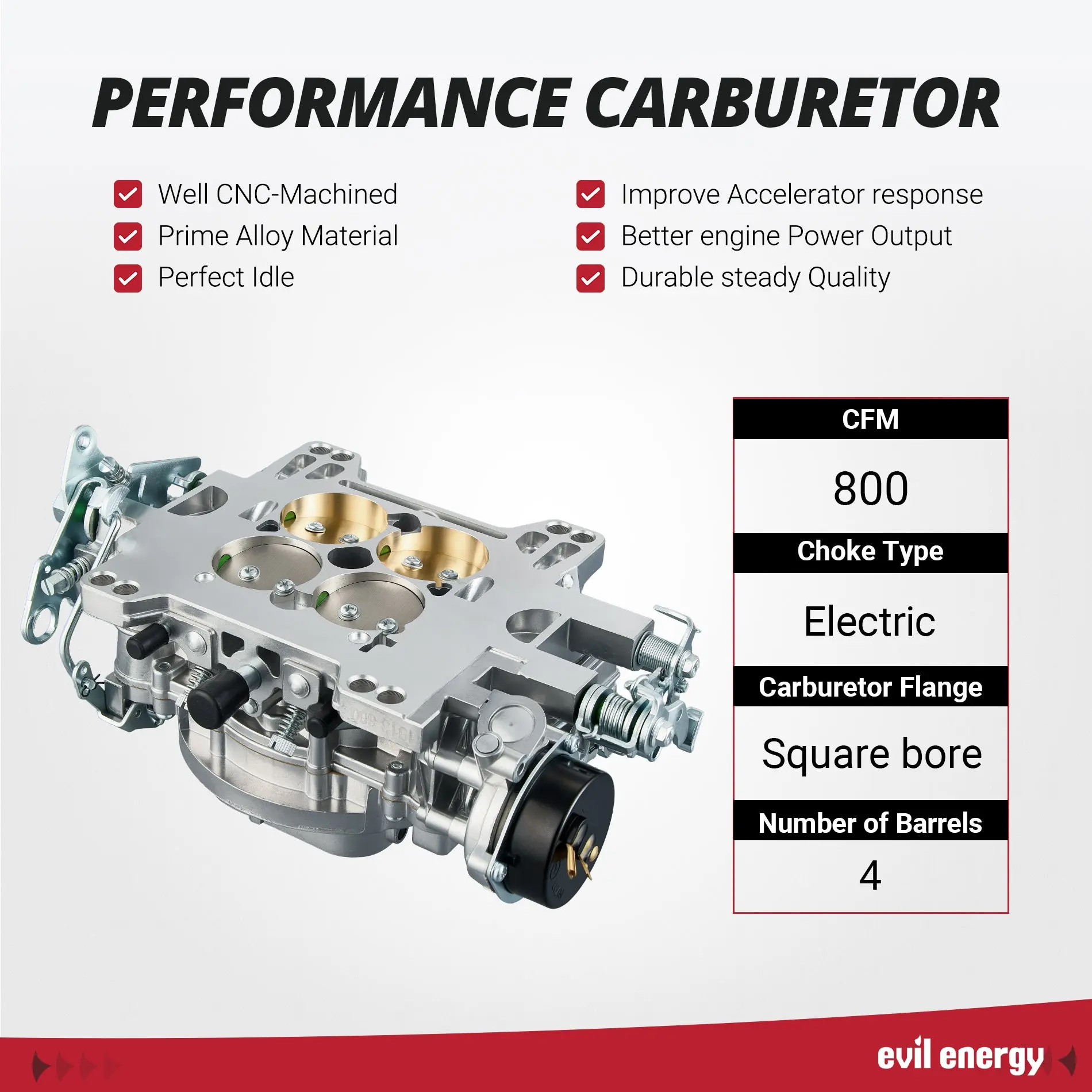 EVIL ENERGY Electric Choke Single Fuel Inlet 800 CFM 4-Barrel Street Carburetor - Image 4