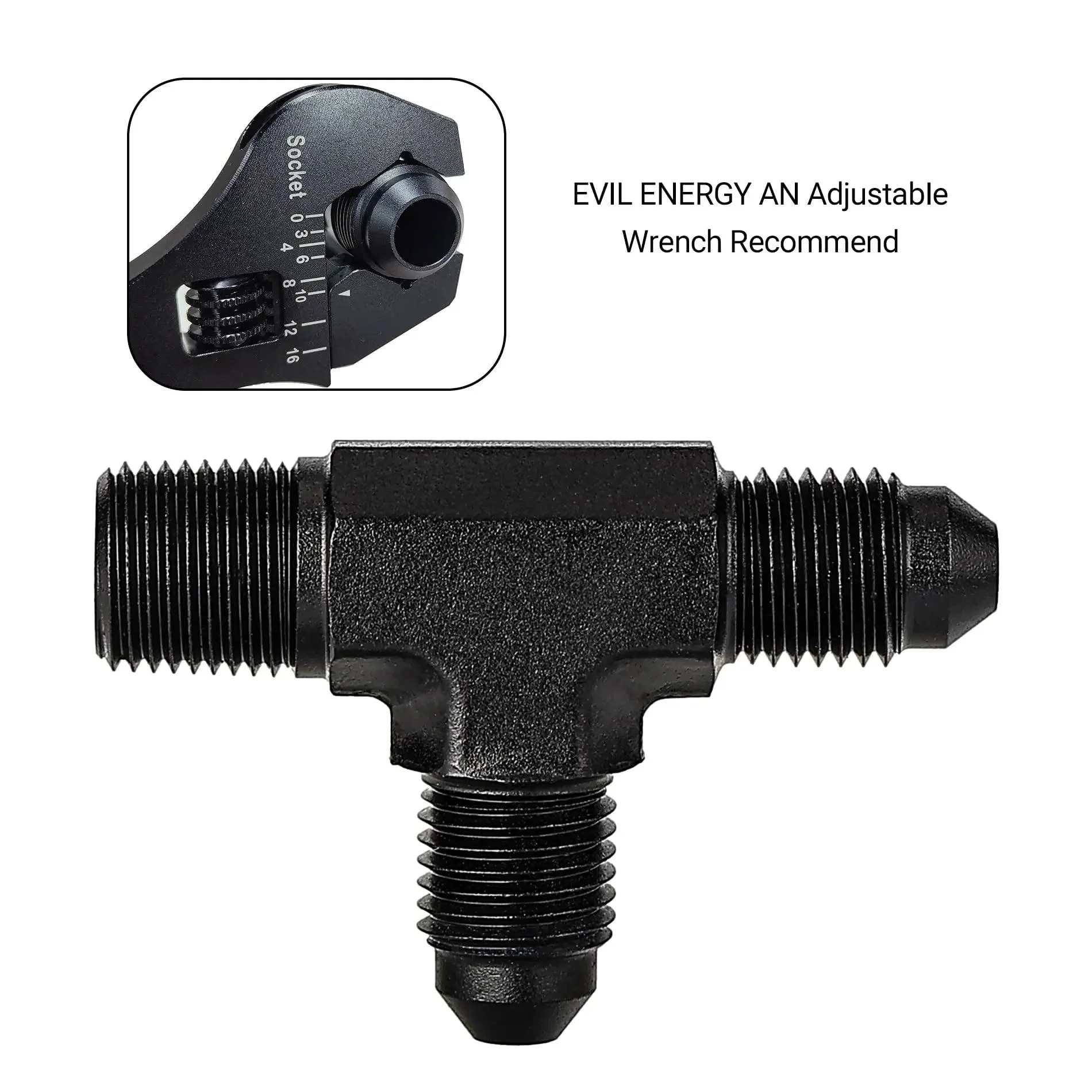 EVIL ENERGY AN Tee Male Flare to NPT on Run T Fitting Adapter Aluminum Black - Image 9