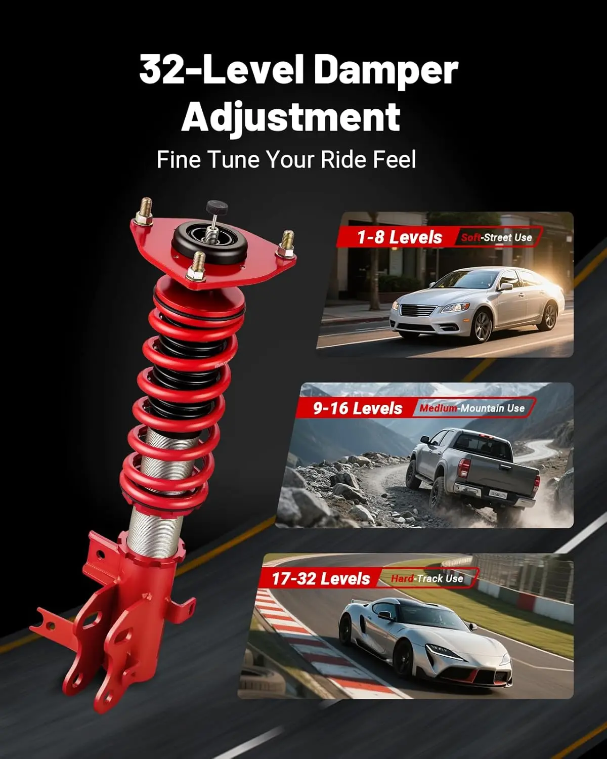 EVIL ENERGY Coilovers for Acura ILX 2016-2021 (DE2) | 32-Level Adjustable Height & Damper Suspension Kit | Red | Enhanced Performance & Stability - Image 3