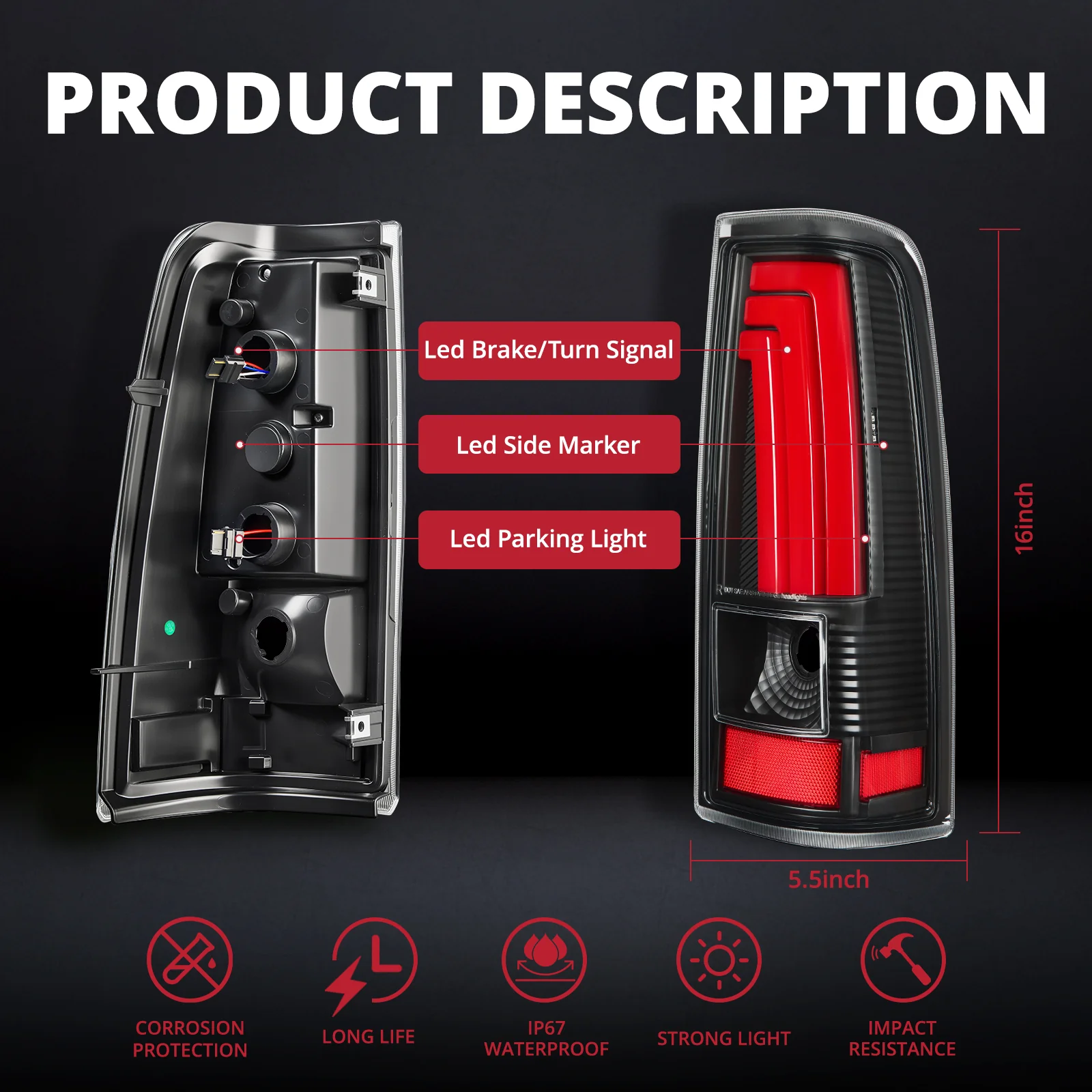EVIL ENERGY Fit For Chevy Silverado 1999 2000 2001 2002, 1999-2007 GMC Sierra Classic LED Tail Lights Assembly, Smoked Tail Lights Truck Rear Lamp Black&Red 1 Pair - Image 6