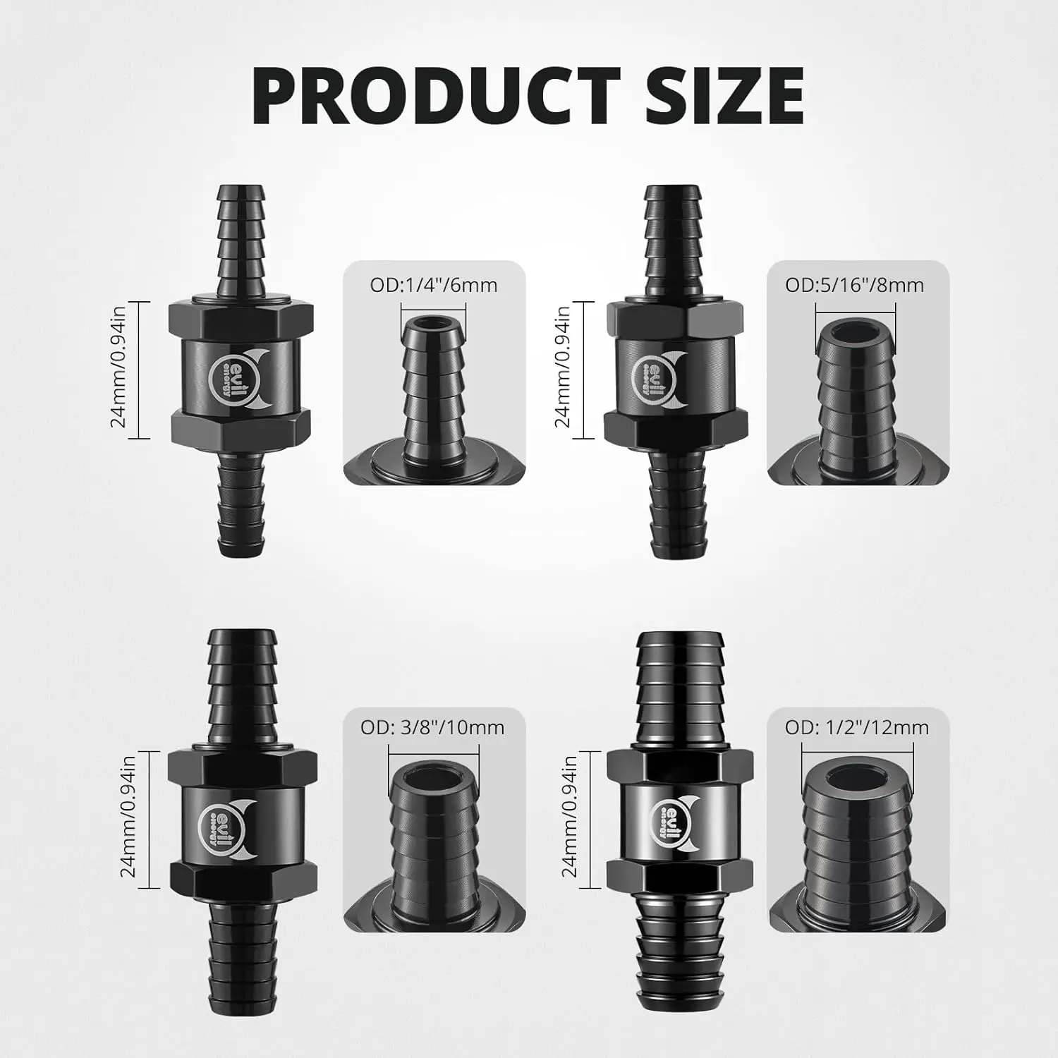 EVIL ENERGY Fuel Check Valve Set 1/4–1/2 inch | One Way Aluminum Fuel Line Valves for Carb & Low-Pressure Systems - Image 3