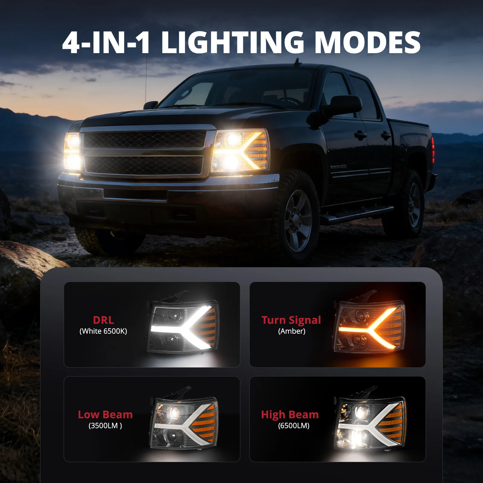 EVIL ENERGY Headlights assembly for Chevy Silverado 1500 2500 HD 3500 HD 2007-2013, Headlight Assembly Pair with LED DRL Turn Signal & Clear Lens, Anti-Glare & Wateproof Head Light Assembly Set, Black - Image 3