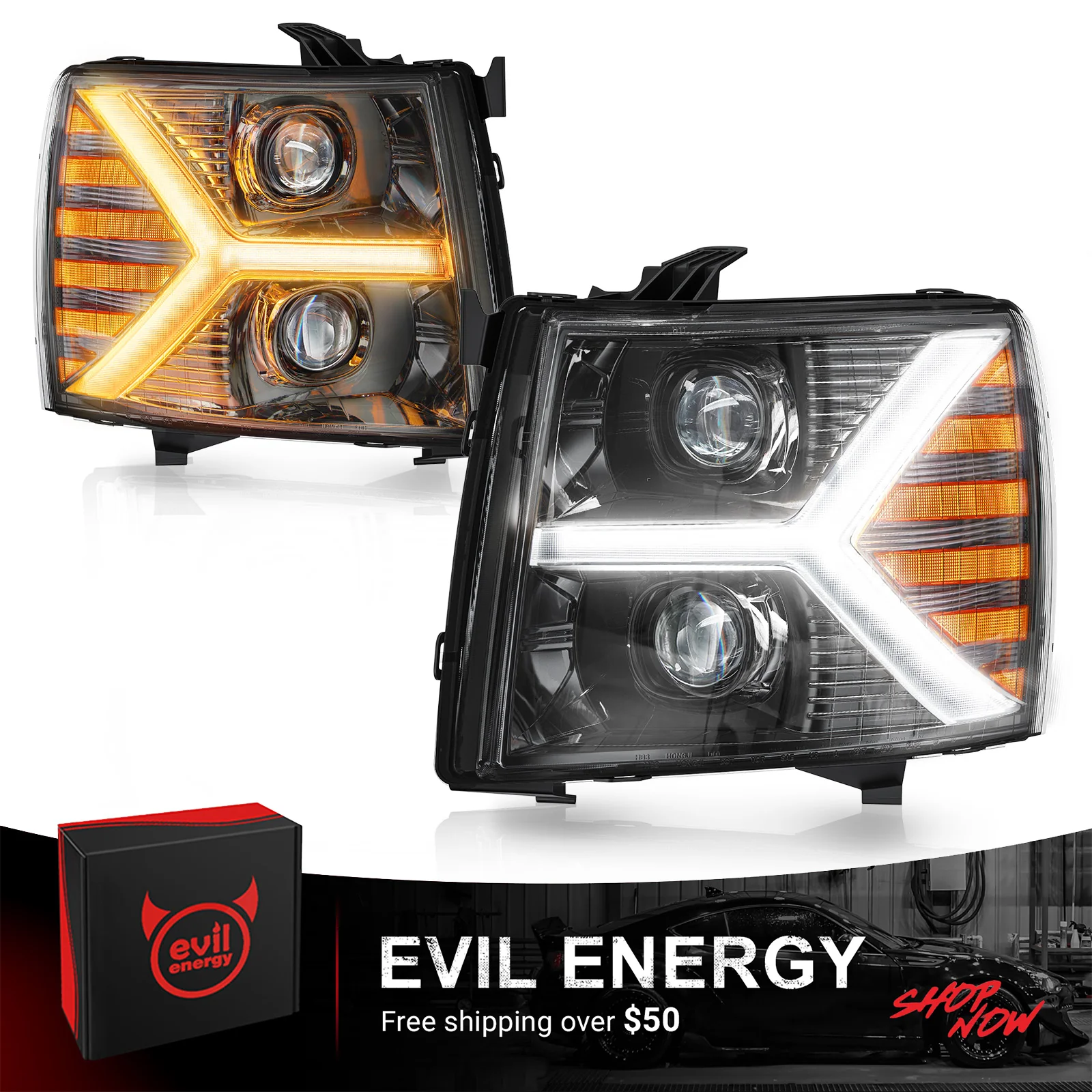 EVIL ENERGY Headlights assembly for Chevy Silverado 1500 2500 HD 3500 HD 2007-2013, Headlight Assembly Pair with LED DRL Turn Signal & Clear Lens, Anti-Glare & Wateproof Head Light Assembly Set, Black - Image 8