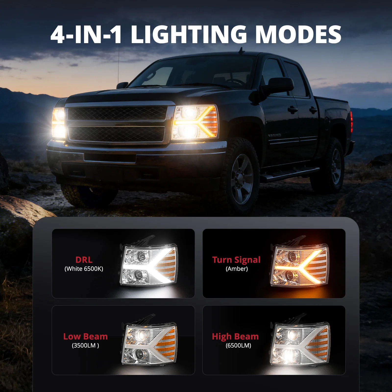 EVIL ENERGY Headlights assembly for Chevy Silverado 1500 2500 HD 3500 HD 2007-2013, Headlight Assembly Pair with LED DRL Turn Signal & Clear Lens, Anti-Glare & Wateproof Head Light Assembly Set, Chrome - Image 3