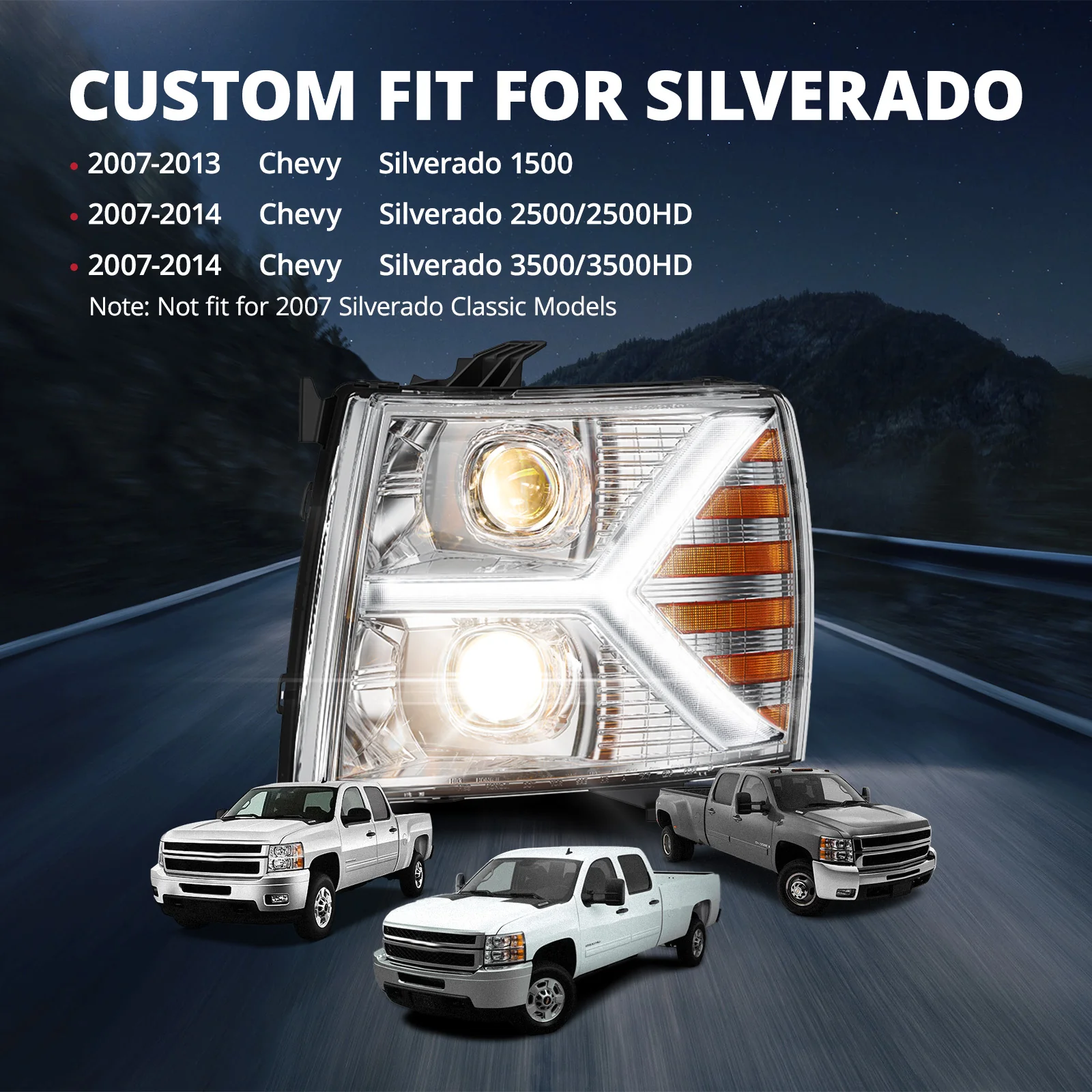 EVIL ENERGY Headlights assembly for Chevy Silverado 1500 2500 HD 3500 HD 2007-2013, Headlight Assembly Pair with LED DRL Turn Signal & Clear Lens, Anti-Glare & Wateproof Head Light Assembly Set, Chrome - Image 4