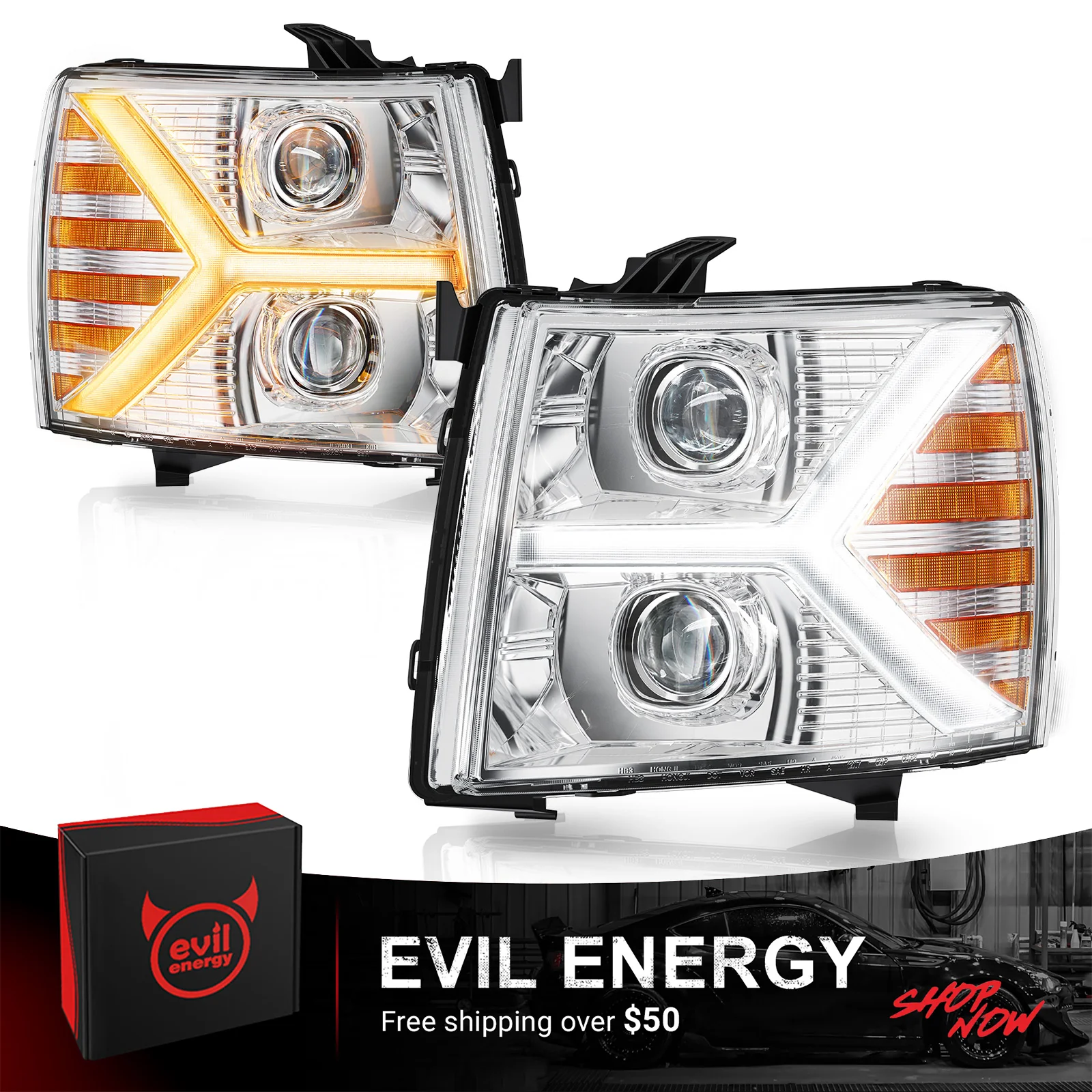 EVIL ENERGY Headlights assembly for Chevy Silverado 1500 2500 HD 3500 HD 2007-2013, Headlight Assembly Pair with LED DRL Turn Signal & Clear Lens, Anti-Glare & Wateproof Head Light Assembly Set, Chrome - Image 8