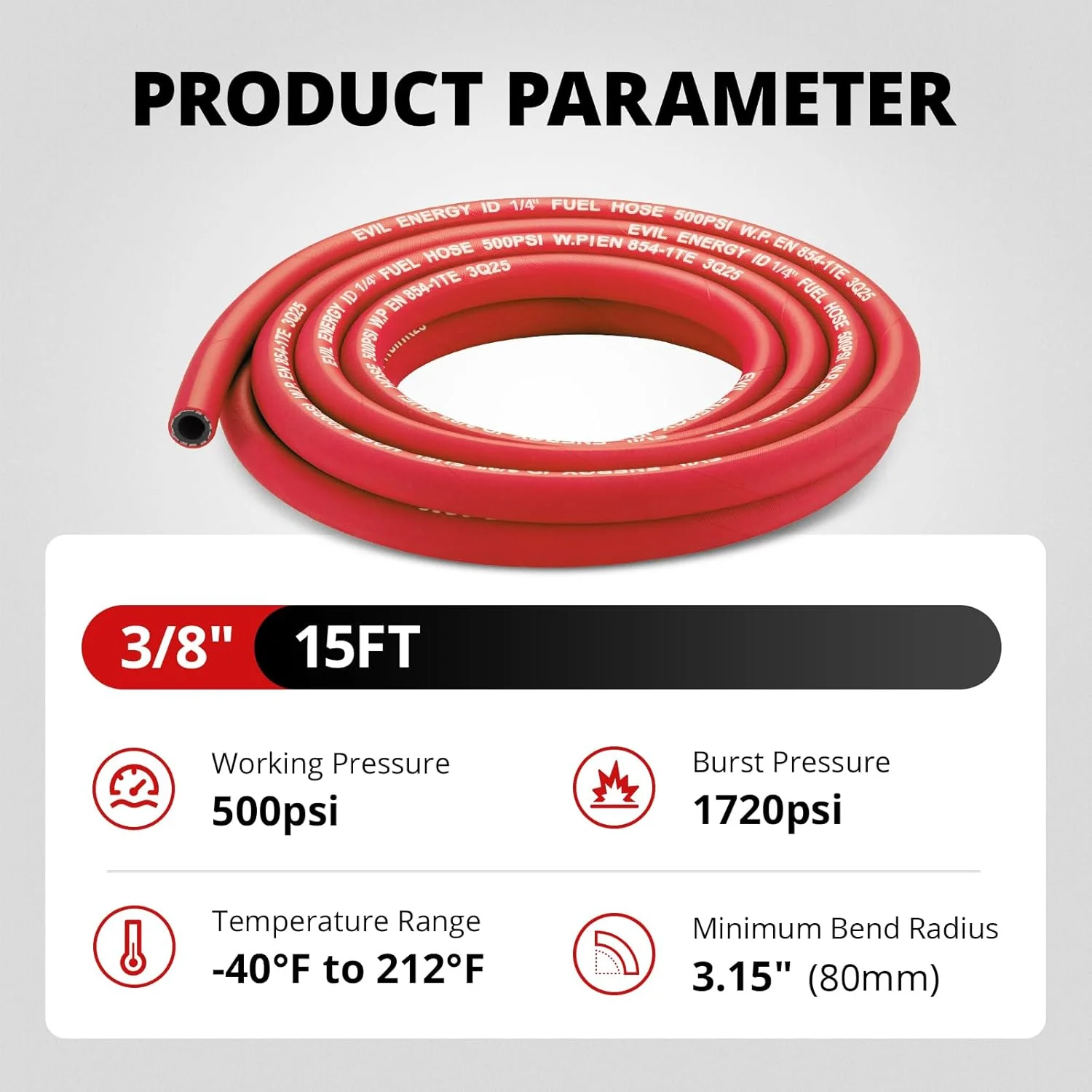 EVIL ENERGY High Pressure Fuel Line Hose 5/10/15FT NBR Rubber EN854-1TE 500PSI for Fuel Systems Red - Image 15