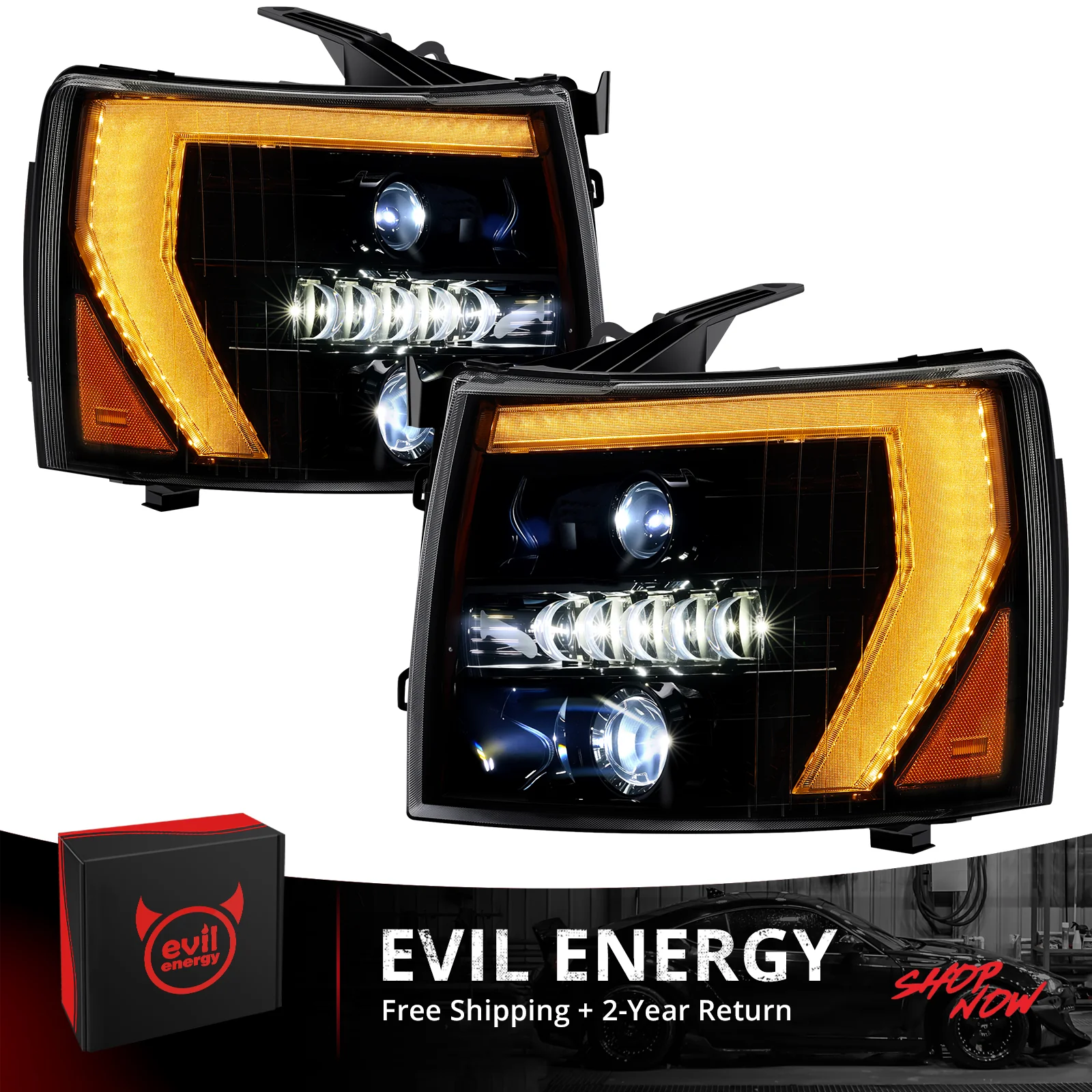 EVIL ENERGY 600% Bright LED Headlights Assembly, Fit For 2007-2013 Chevy Silverado 1500, 2007-2014 Chevy Silverado 2500 3500 2500HD 3500HD, DRL/Turn Signal/Side Maker/Low Beam w/ Bulbs (NOT for GMC)