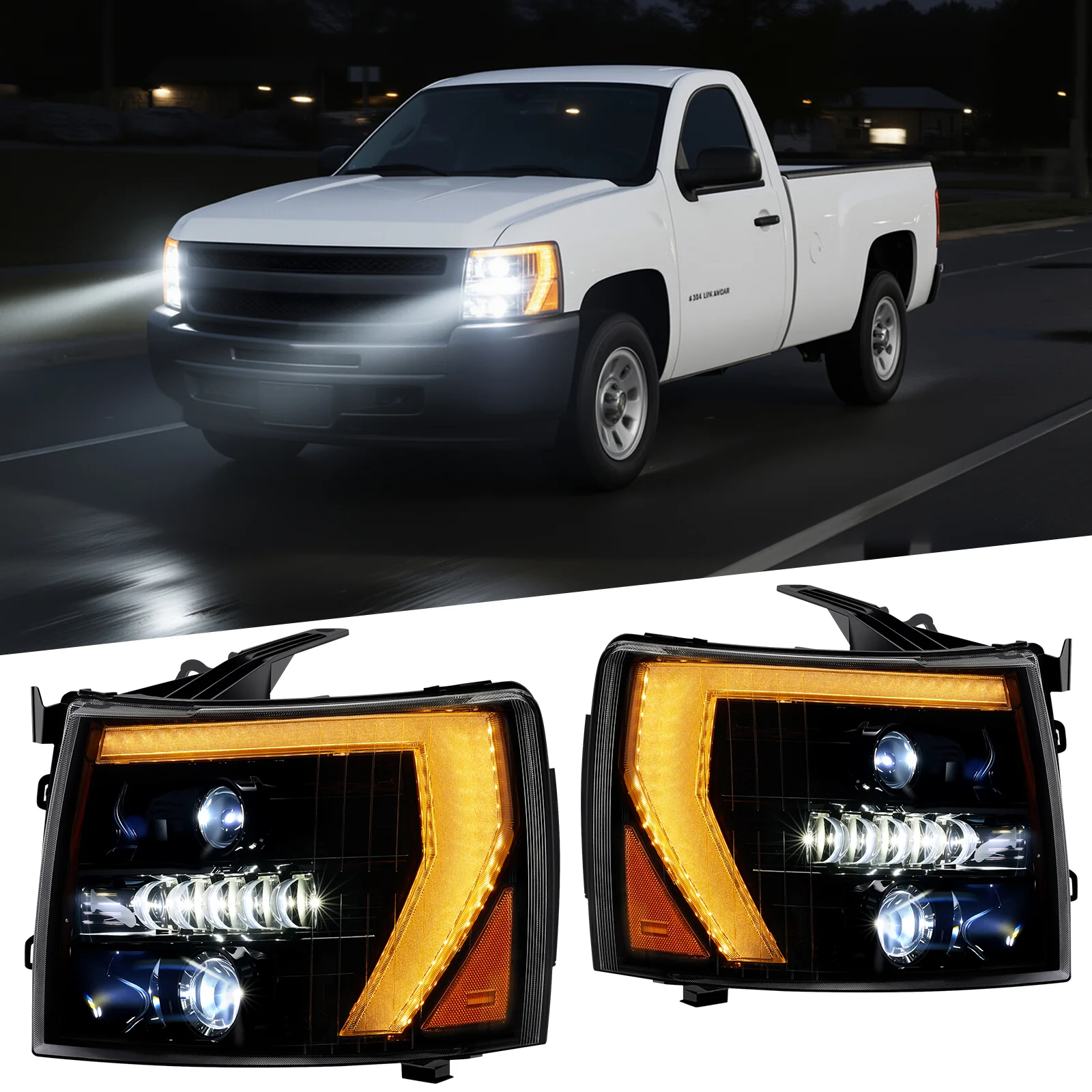 EVIL ENERGY 600% Bright LED Headlights Assembly, Fit For 2007-2013 Chevy Silverado 1500, 2007-2014 Chevy Silverado 2500 3500 2500HD 3500HD, DRL/Turn Signal/Side Maker/Low Beam w/ Bulbs (NOT for GMC) - Image 5