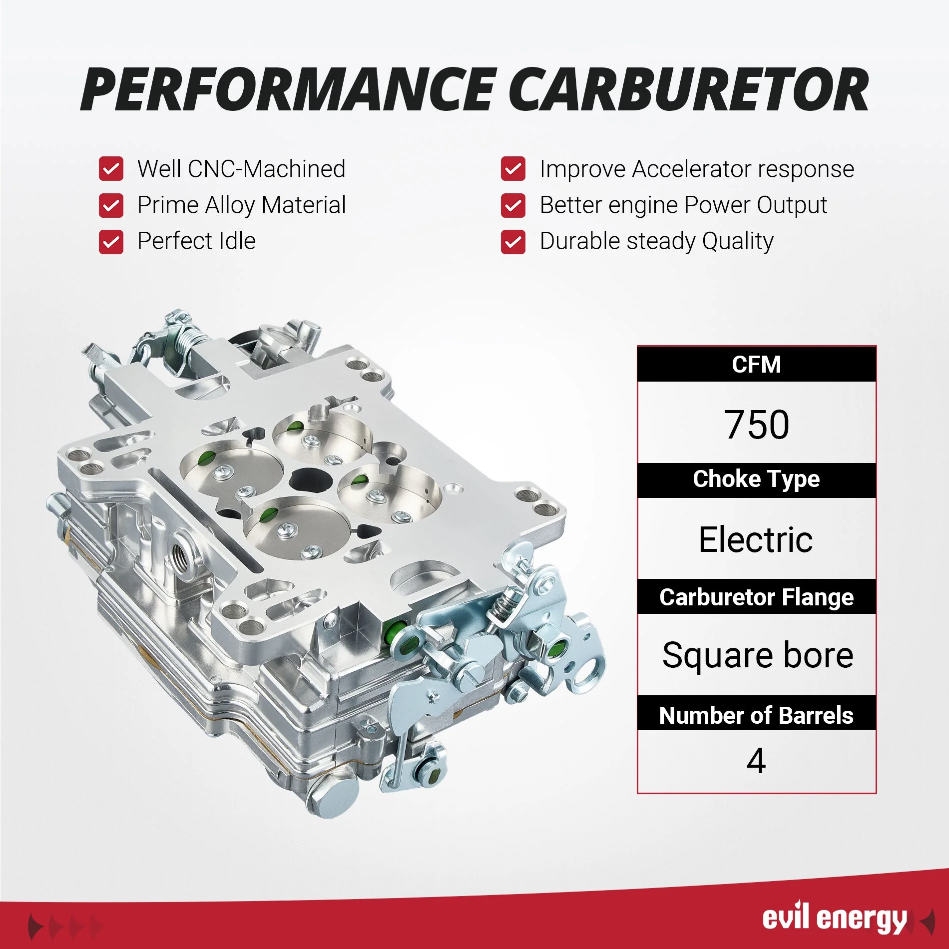 EVIL ENERGY 750 CFM Marine Carburetor Electric Choke 4-Barrel Air Valve-Controlled Secondary - Image 5