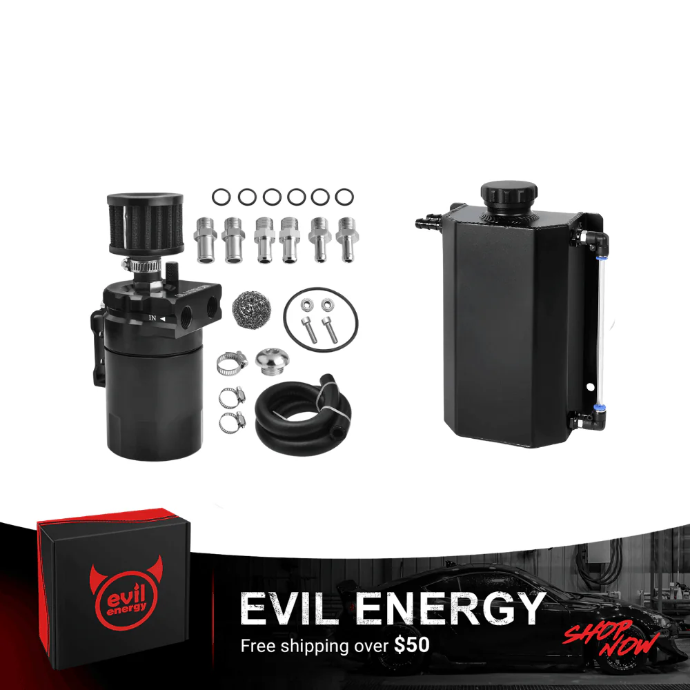 EVIL ENERGY Overflow Tank & Baffled Oil Catch Can Kit Universal Aluminum| Coolant Reservoir with 300ml Breather Filter Catch Can