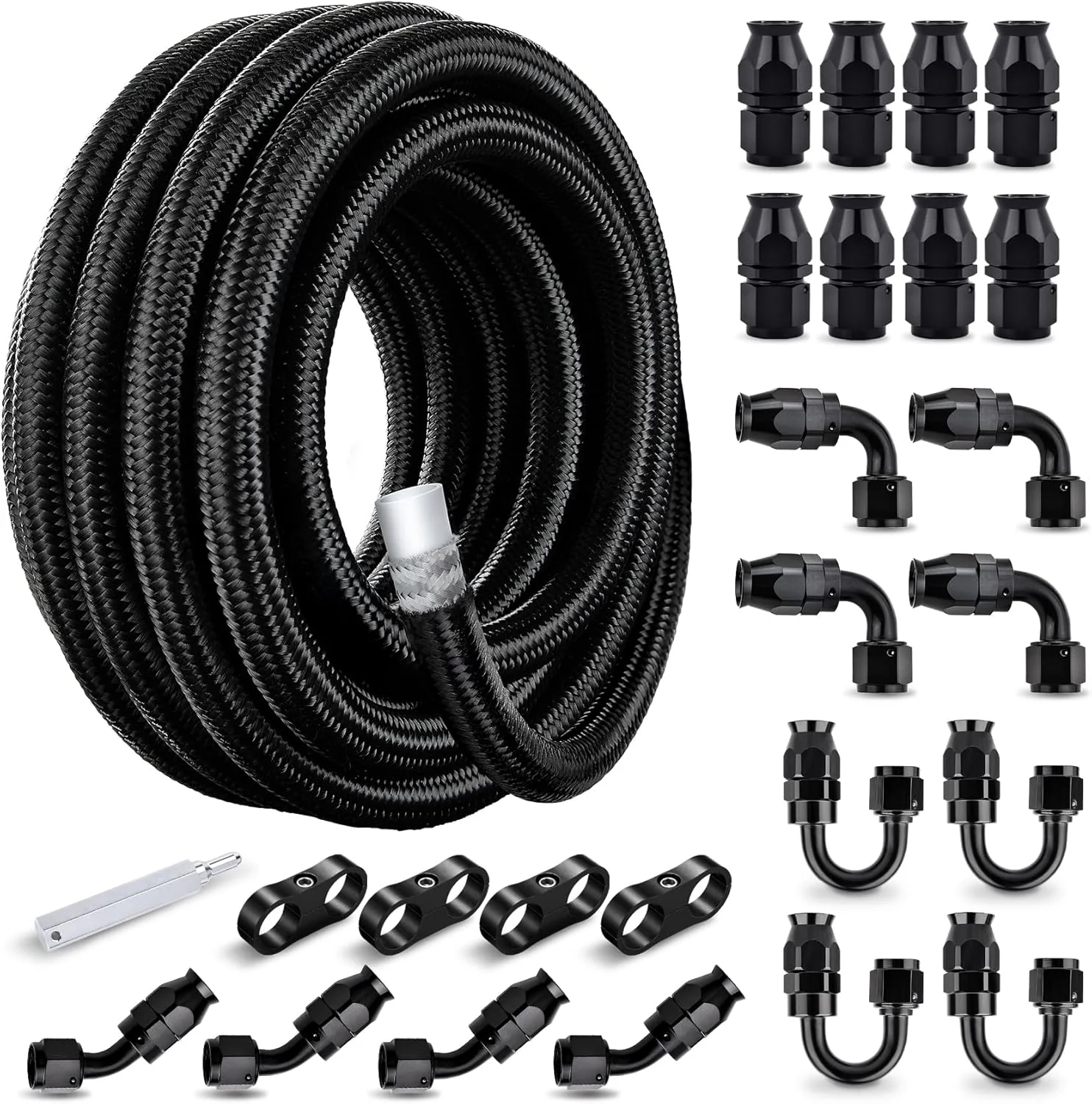 EVIL ENERGY 4/6/8/10/12AN PTFE Fuel Line Kit 33FT 20Fittings, E85 Braided PTFE Fuel Hose Line Kit Black Nylon