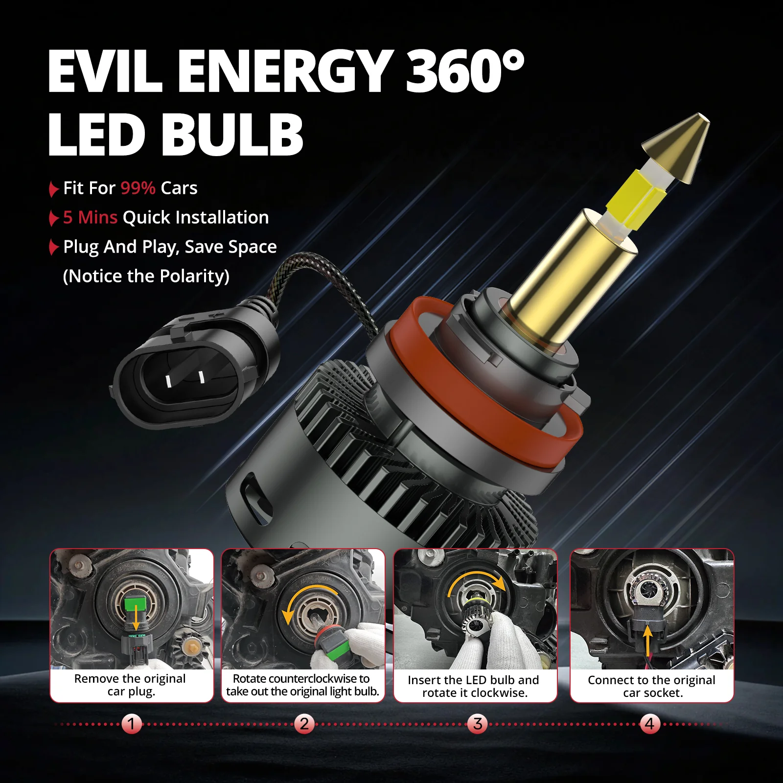 EVIL ENERGY RD09 Bullet H11/H8/H9 130W 360°Full Illumination LED Headlight Bulbs 900% Brighter Than Halogen and 60000Hrs Lifespan - Image 7