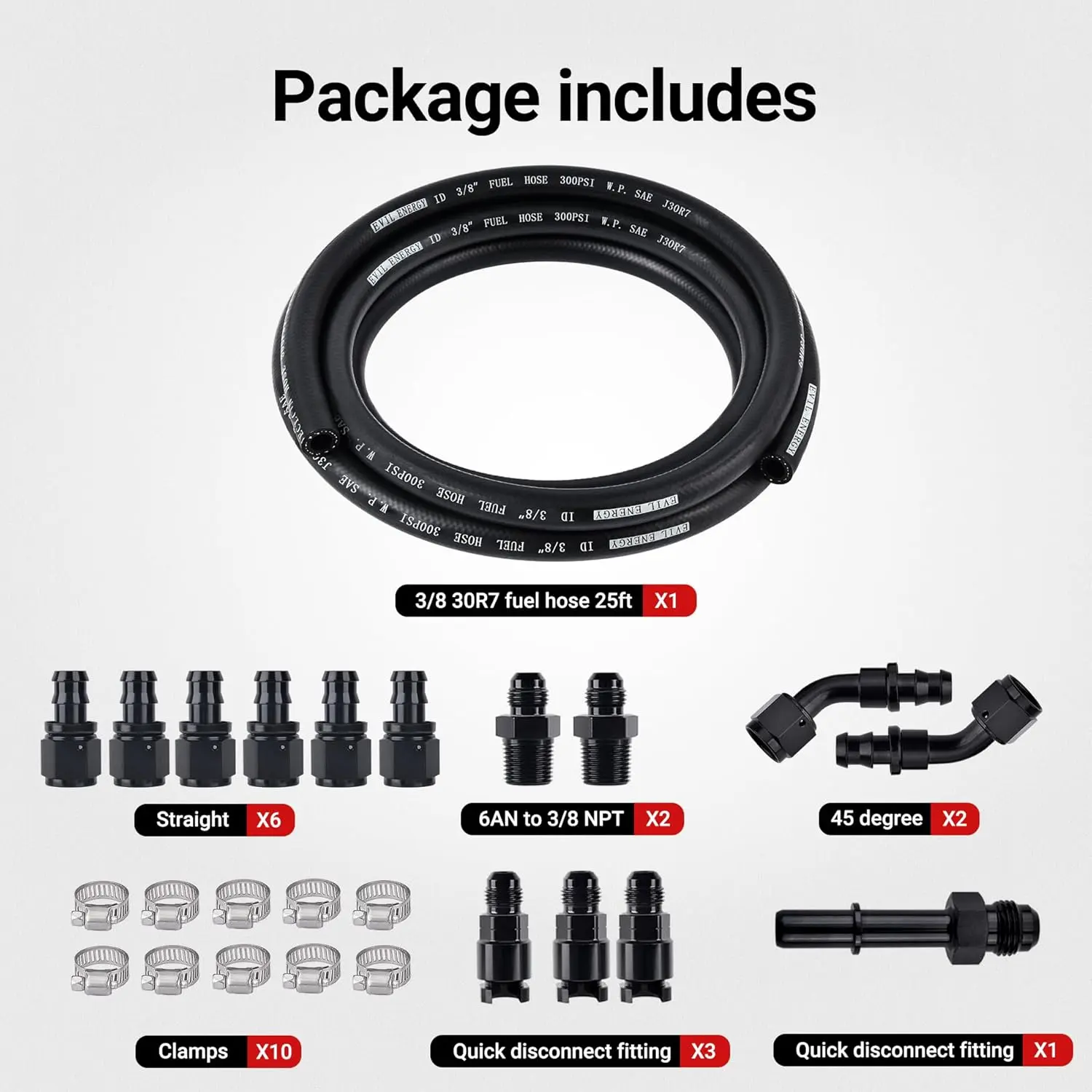 EVIL ENERGY 3/8-inch Fuel Line Kit 25FT SAE 30R7 NBR Push Lock Hose with Fittings & Clamps - Image 5