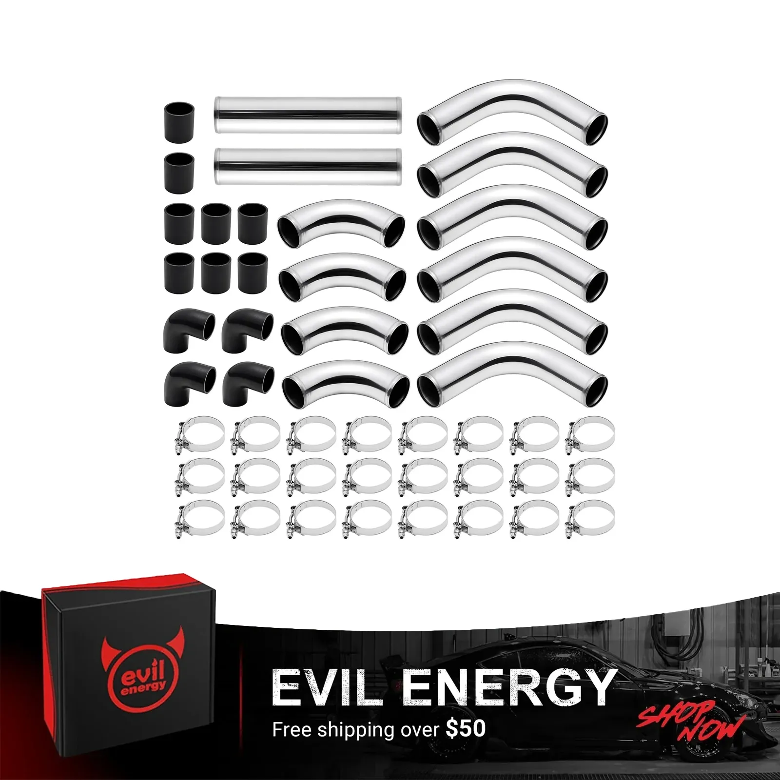 EVIL ENERGY Universal 2.5IN/3IN 12pcs Intercooler Piping, Aluminum Intercooler Pipe Kit with T-Bolt Hose Clamps & Silicone Coupler, Silver