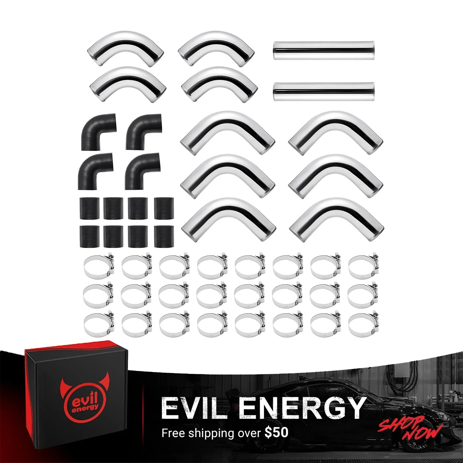 EVIL ENERGY Universal 2.5IN/3IN 12pcs Intercooler Piping, Aluminum Intercooler Pipe Kit with T-Bolt Hose Clamps & Silicone Coupler, Silver - Image 2