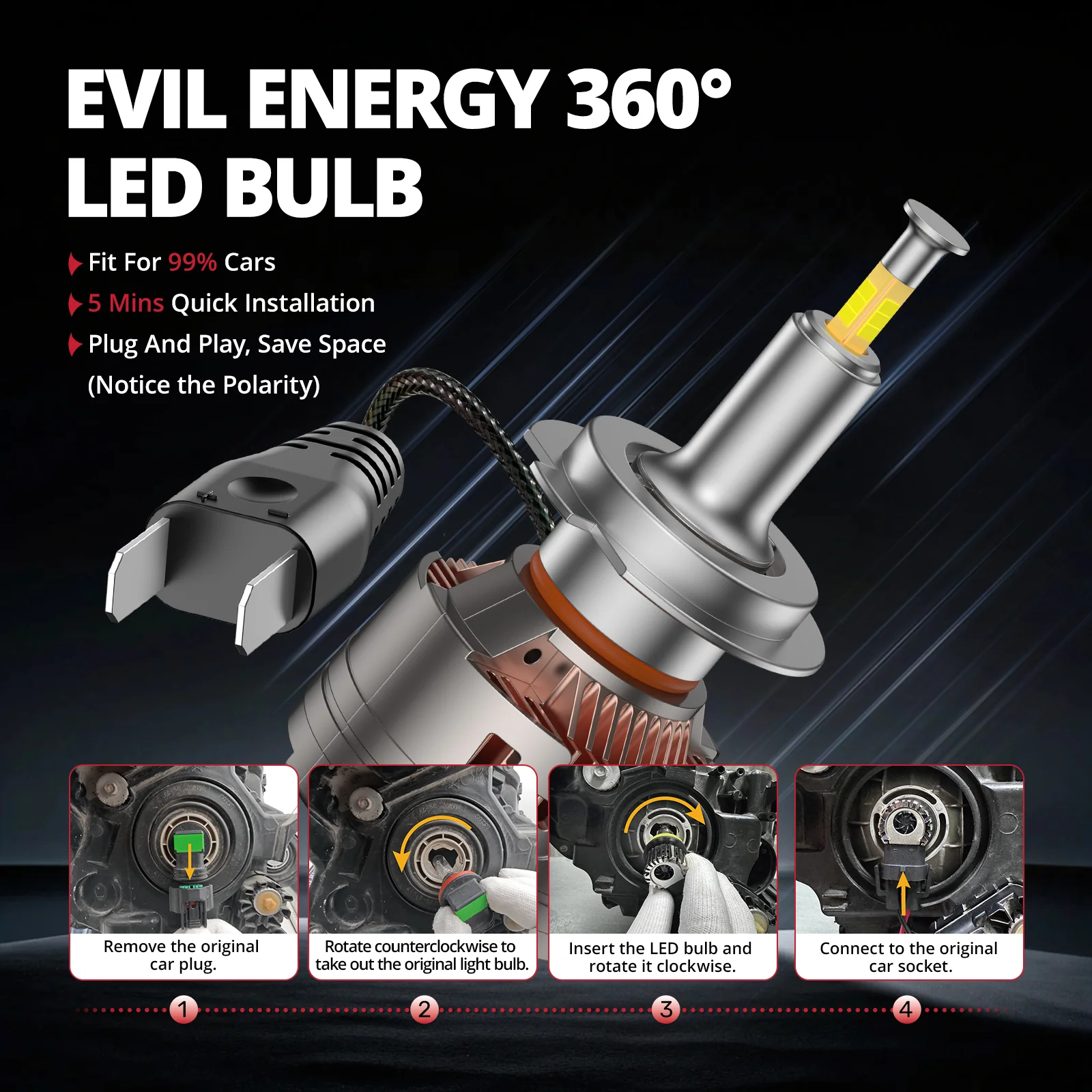 EVIL ENERGY V7 Brightest H7 150W 360°Full Illumination LED Headlight Bulbs 900% Brighter Than Halogen and 50,000Hrs Lifespan - Image 7